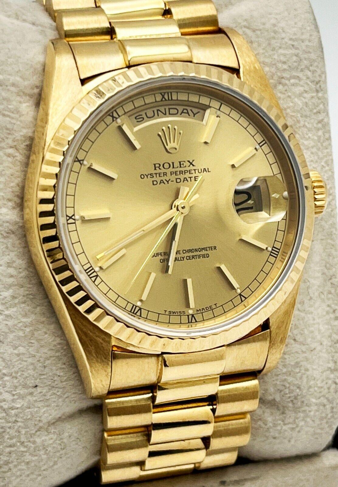 Style Number: 18238

Serial: E374***

Year: 1990
 
Model: President Day Date
 
Case Material: 18K Yellow Gold
 
Band: 18K Yellow Gold
  
Bezel: 18K Yellow Gold
  
Dial: Champagne 
 
Face: Sapphire Crystal
 
Case Size: 36mm
 
Includes: 
-Elegant