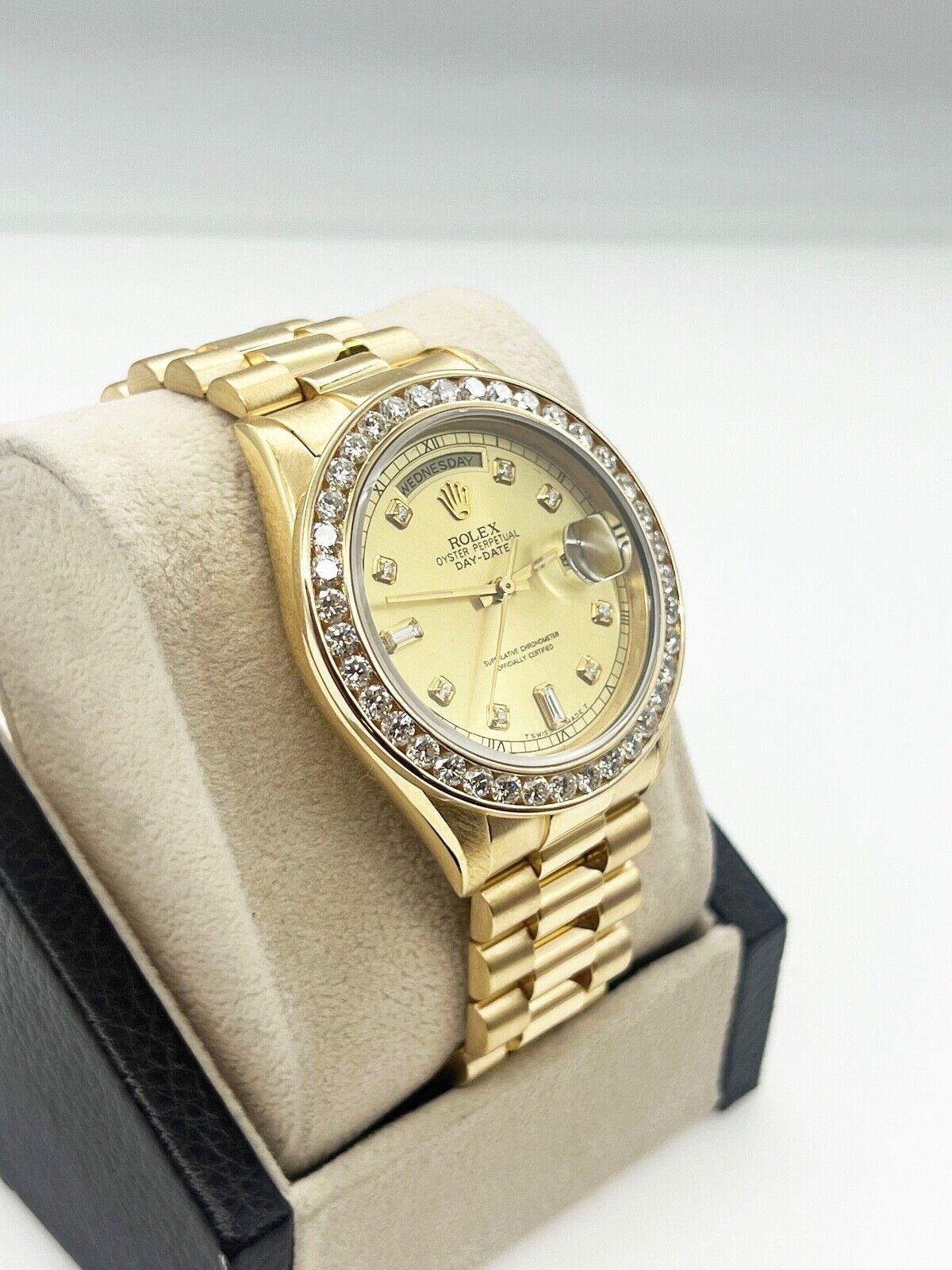 Women's or Men's Rolex 18238 President Day Date Champagne Diamond Dial Diamond Bezel 18K Gold For Sale