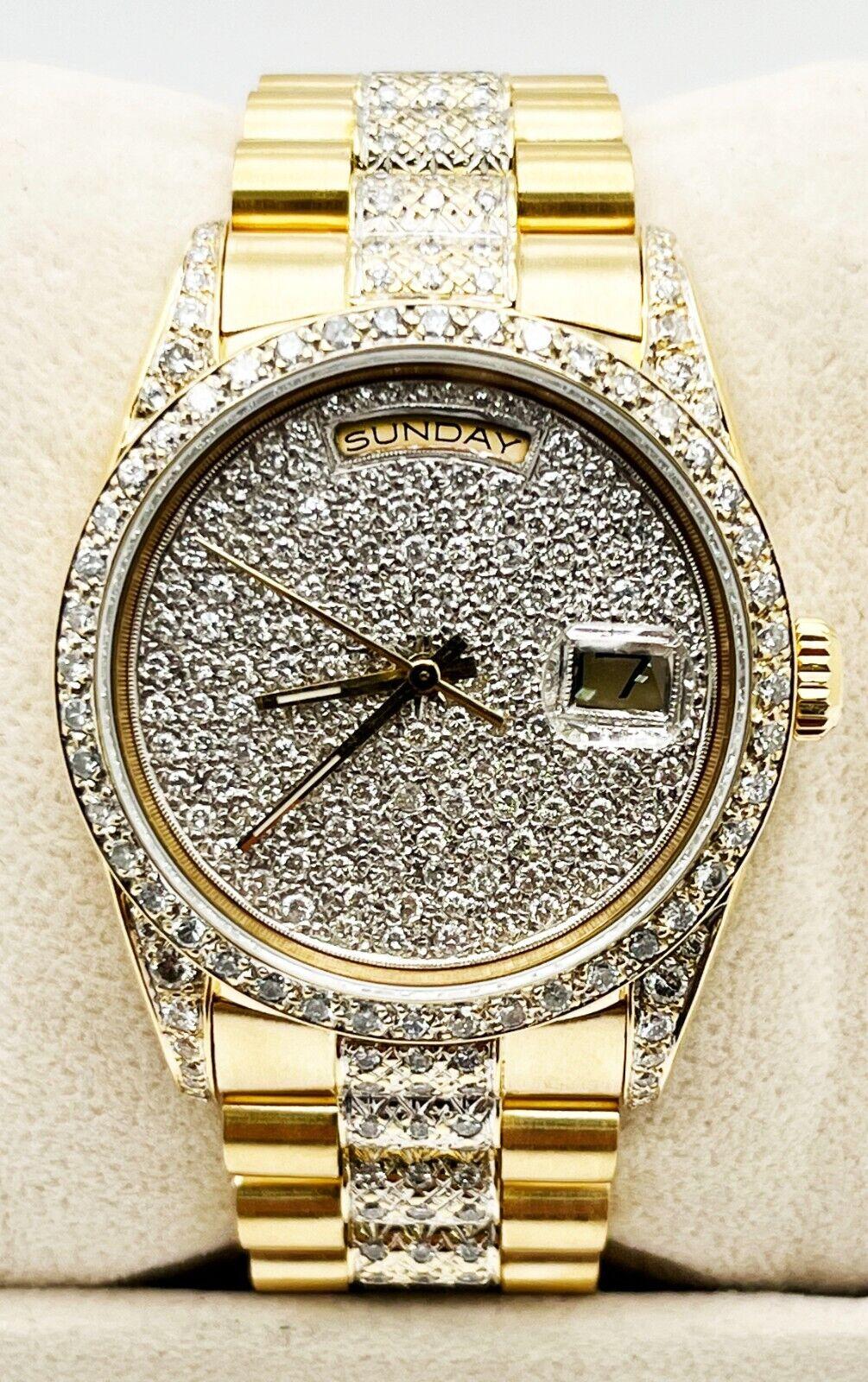 Rolex 18238 President Day Date Diamond Dial Bezel Band Lugs 18K Yellow Gold In Excellent Condition For Sale In San Diego, CA