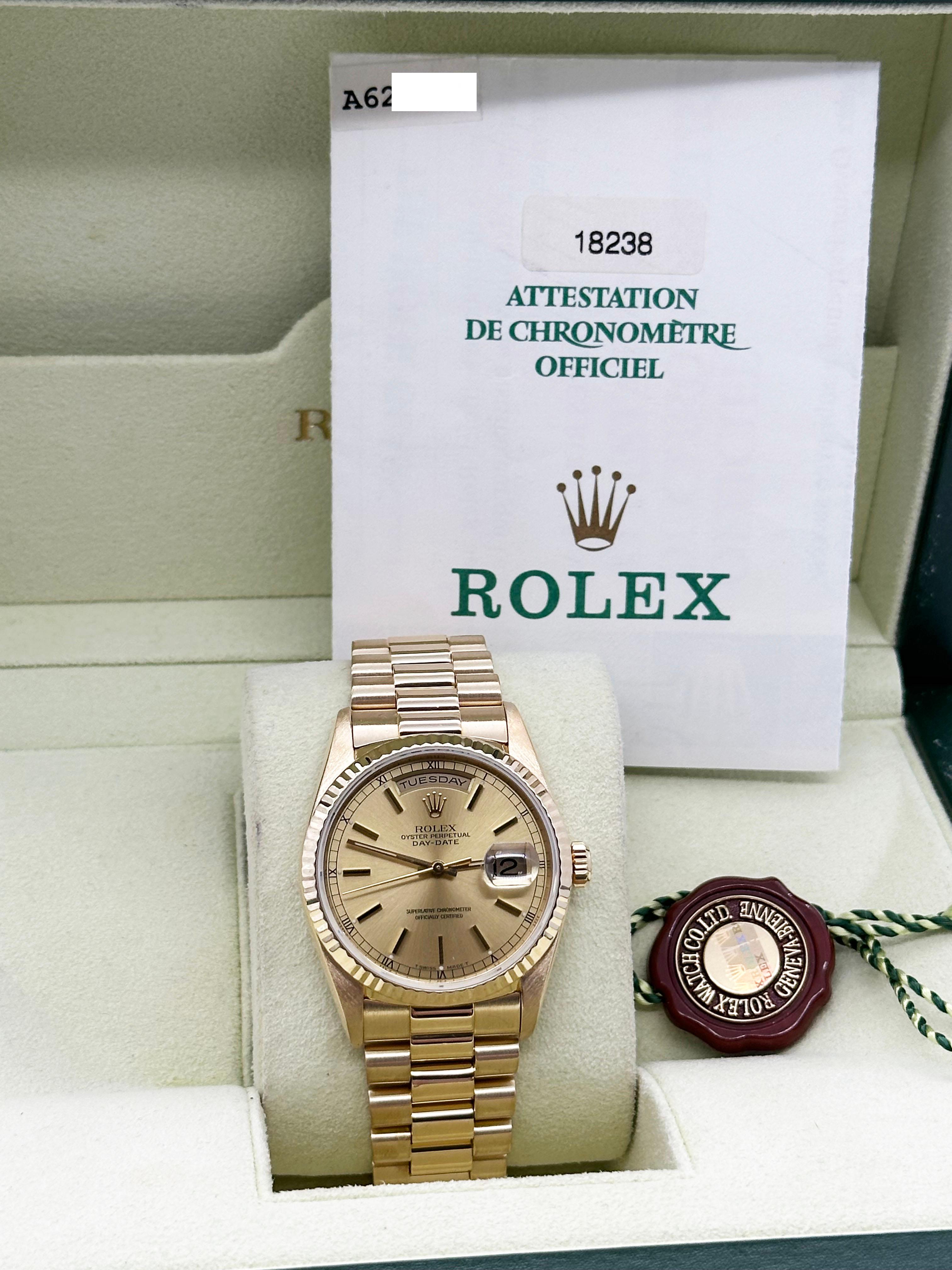 Rolex 18238 President Day Date Double Quickset 36mm Champagne 18K Gold Box Paper In Excellent Condition In San Diego, CA