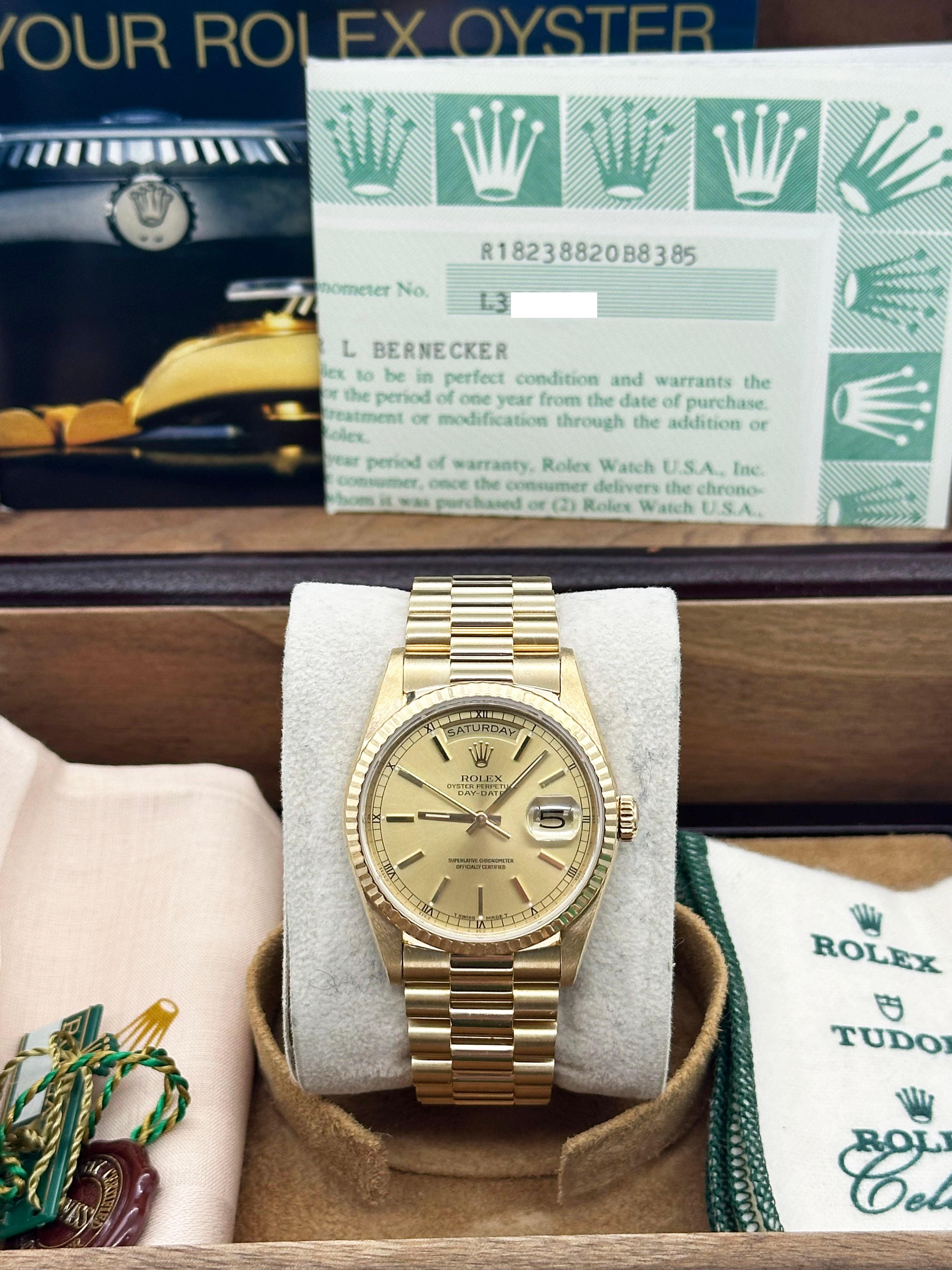Rolex President Day Date Double Quickset 18238 Champagner-Zifferblatt 18K Gold Box Papier im Zustand „Hervorragend“ in San Diego, CA