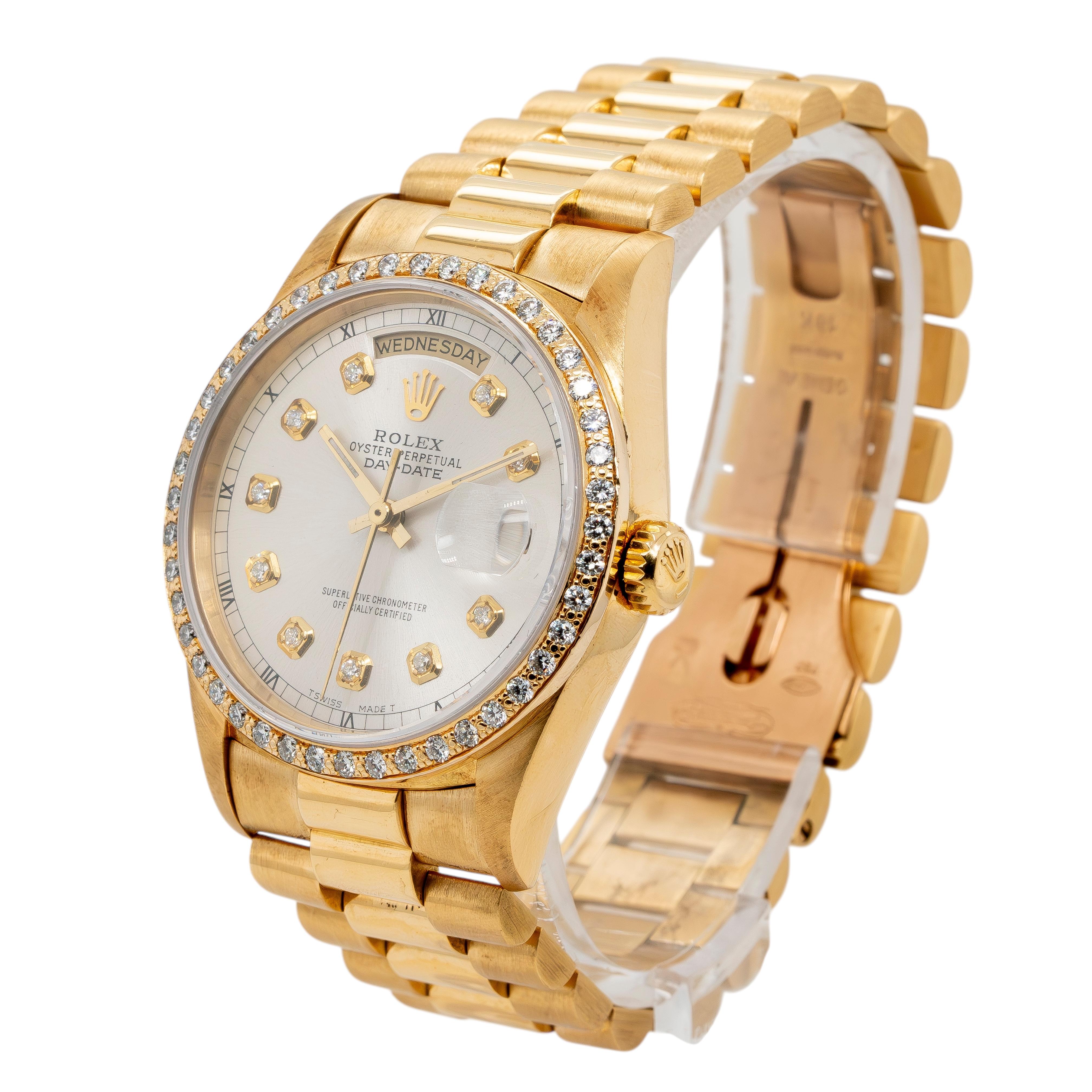 The Rolex 18238 Day-Date President is the epitome of timeless elegance and luxury. This iconic timepiece features a 36mm 18k yellow gold case, paired with an aftermarket silver diamond dial that enhances its brilliance with an elegant sparkle. The