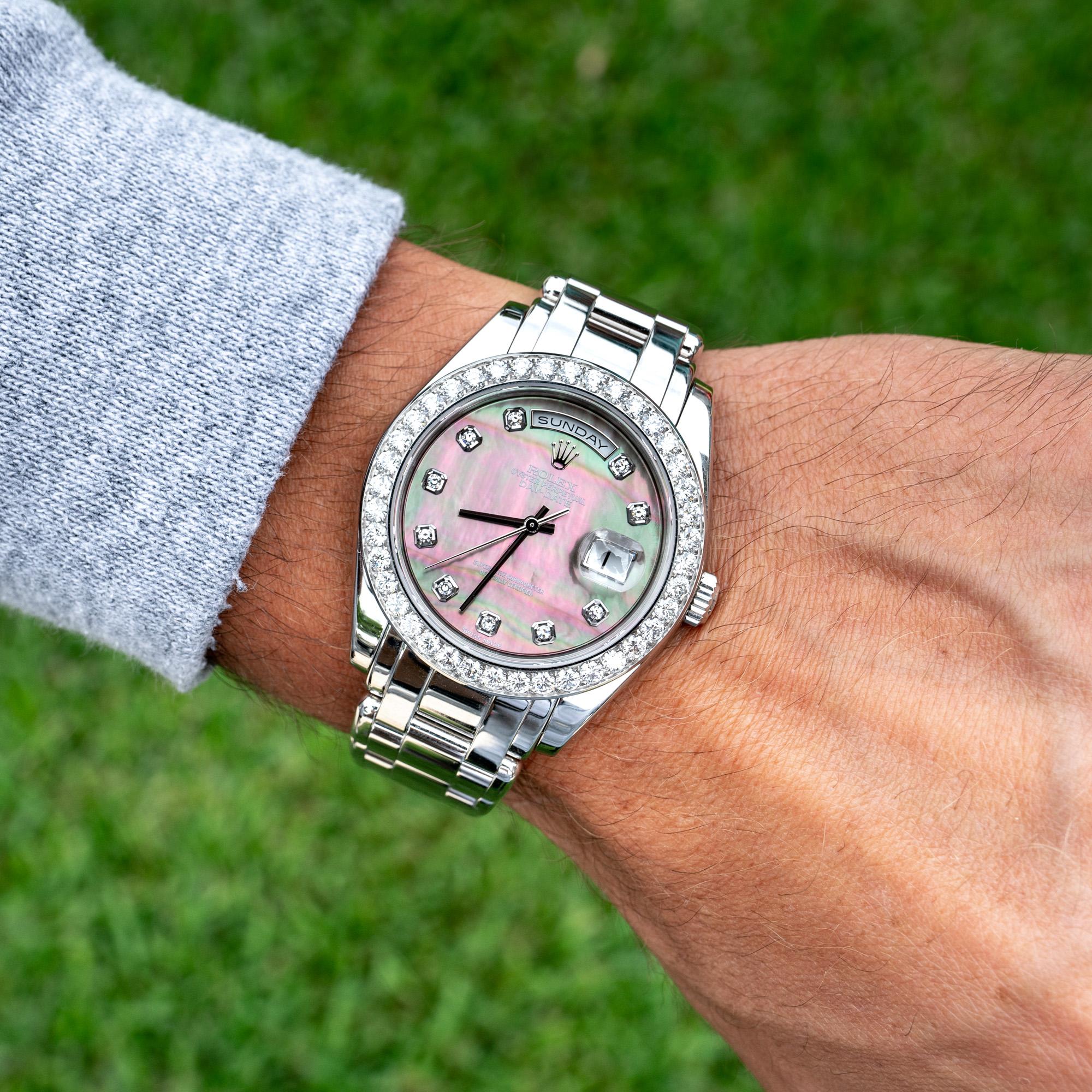 Rolex 18946 Platinum Masterpiece Mother of Pearl Dial Watch In Excellent Condition In Boca Raton, FL
