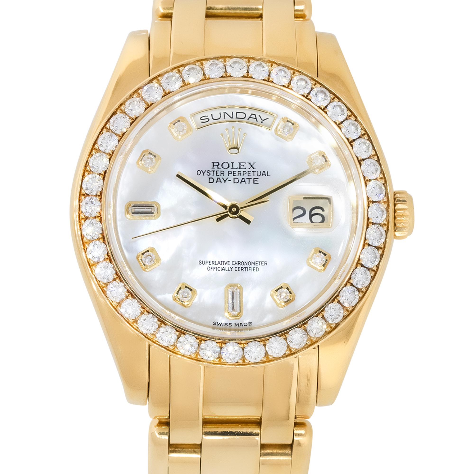 Brand: Rolex
Case Material: 18k Yellow Gold
Case Diameter: 39mm
Crystal: Sapphire Crystal
Bezel: 18k Yellow Gold bezel with Diamonds
Dial: Mother of pearl Dial with yellow gold hands and Diamond hour markers. Date can be found at 3 o'clock as well