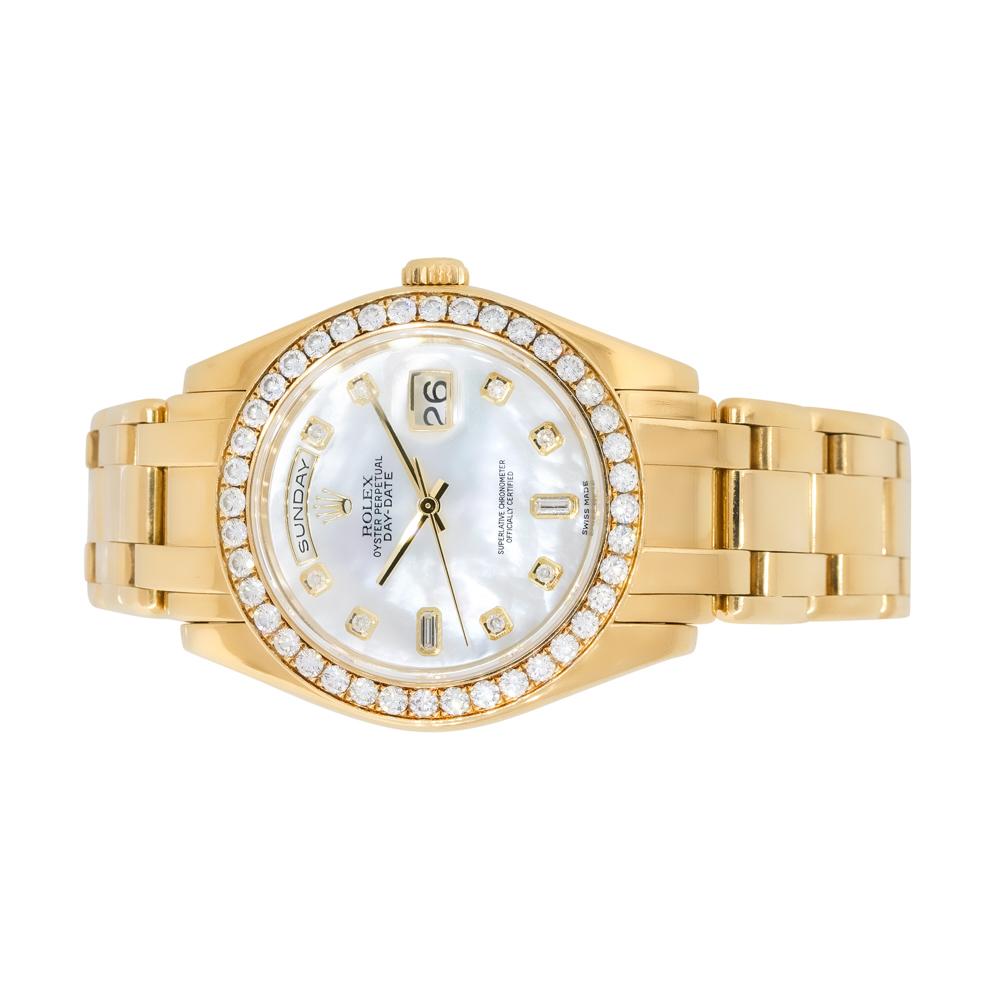 Rolex 18948 Day-Date 18k Mother of Pearl Masterpiece Diamond Watch In Excellent Condition For Sale In Boca Raton, FL