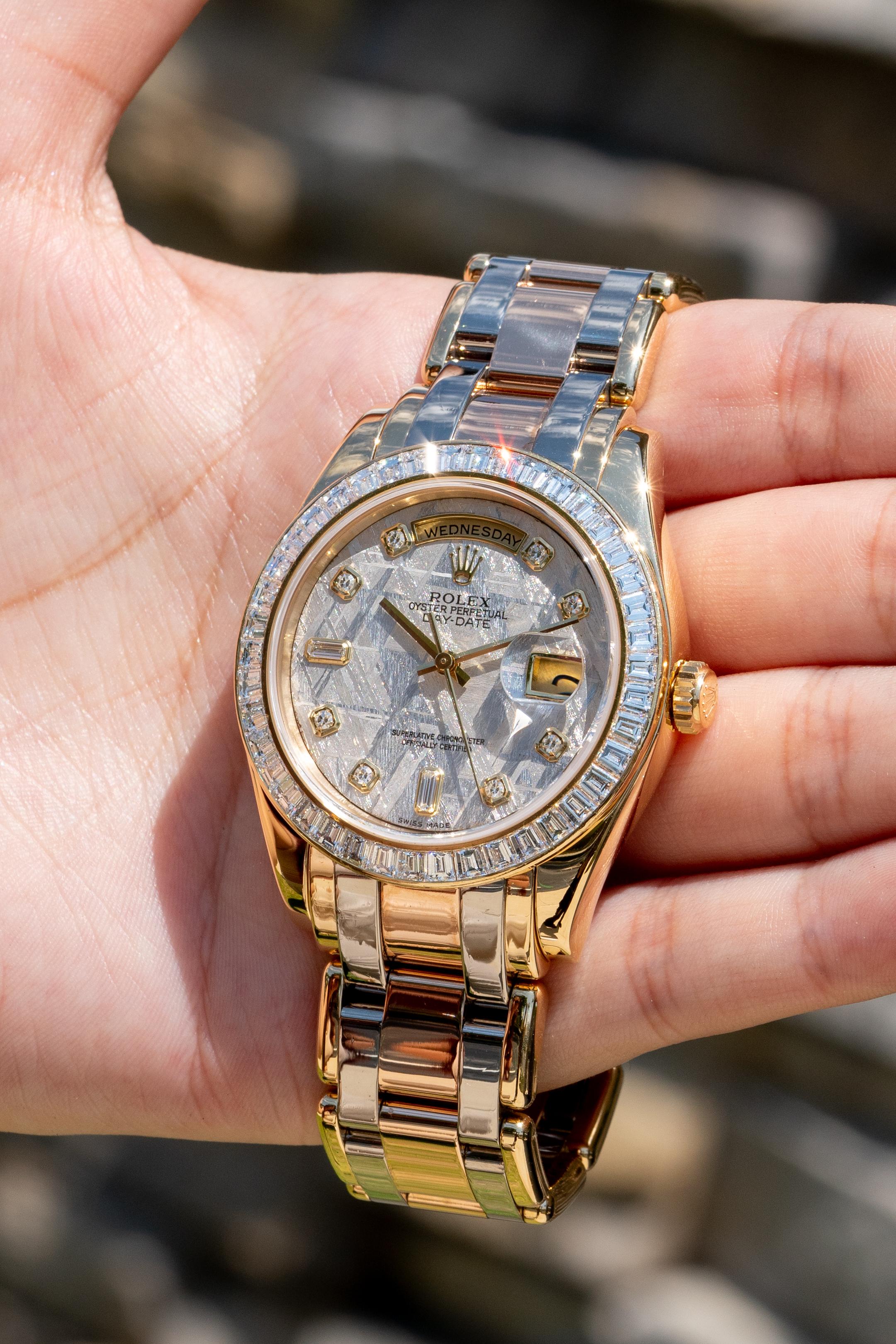Rolex 18958BR Day-Date 18k Tridor Meteorite Dial Masterpiece Watch In Excellent Condition For Sale In Boca Raton, FL