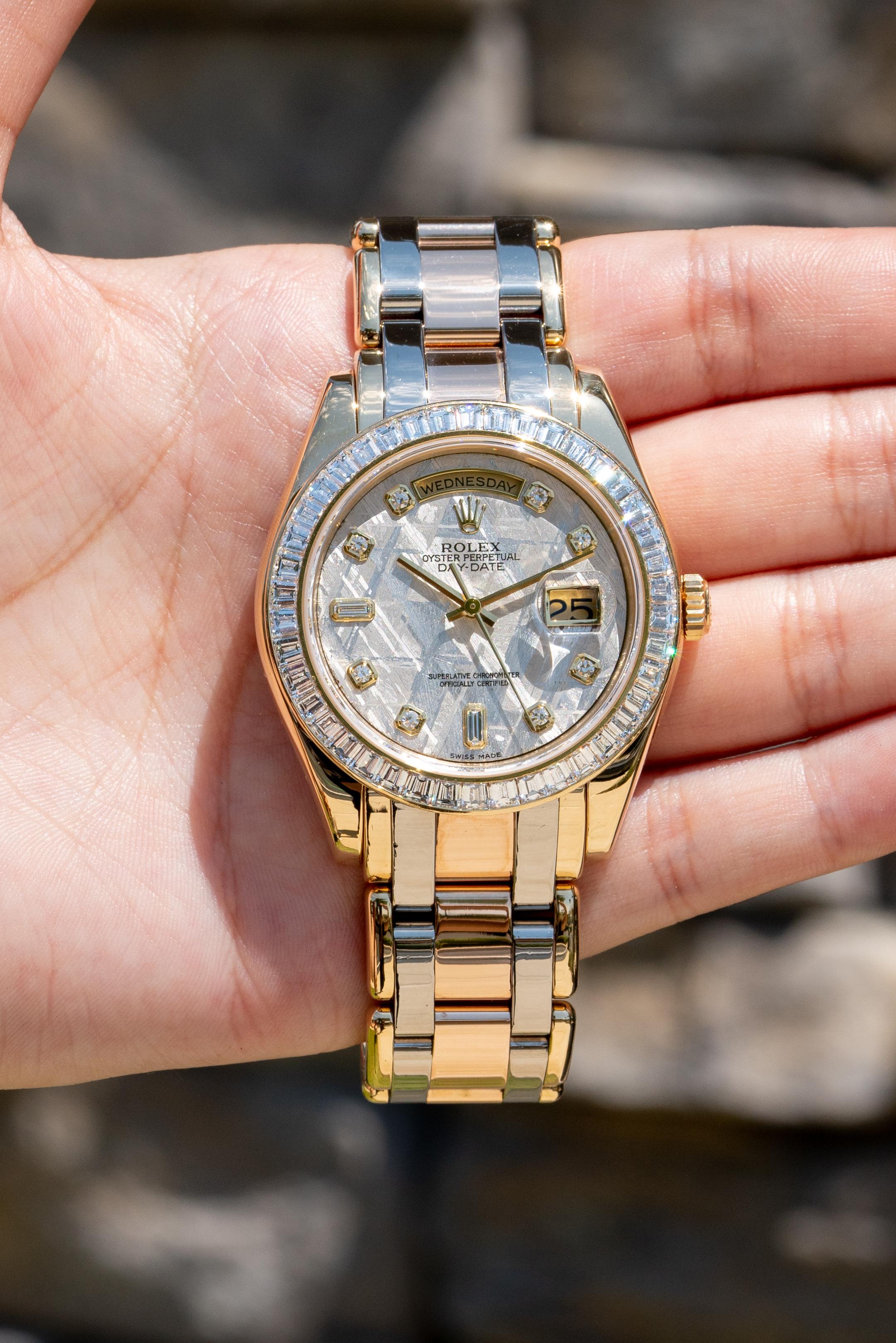 Women's or Men's Rolex 18958BR Day-Date 18k Tridor Meteorite Dial Masterpiece Watch For Sale