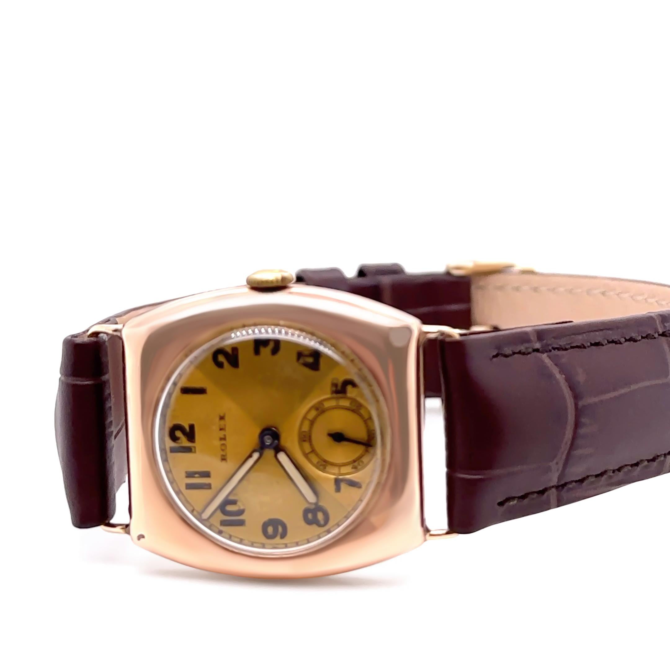 A rare Rolex vintage wristwatch, featuring a manual movement housed in an elegant 18ct gold case. This timepiece dates back to circa 1927, showcasing the timeless craftsmanship and heritage of Rolex. Measuring 3.2cm wide including the crown.

Metal: