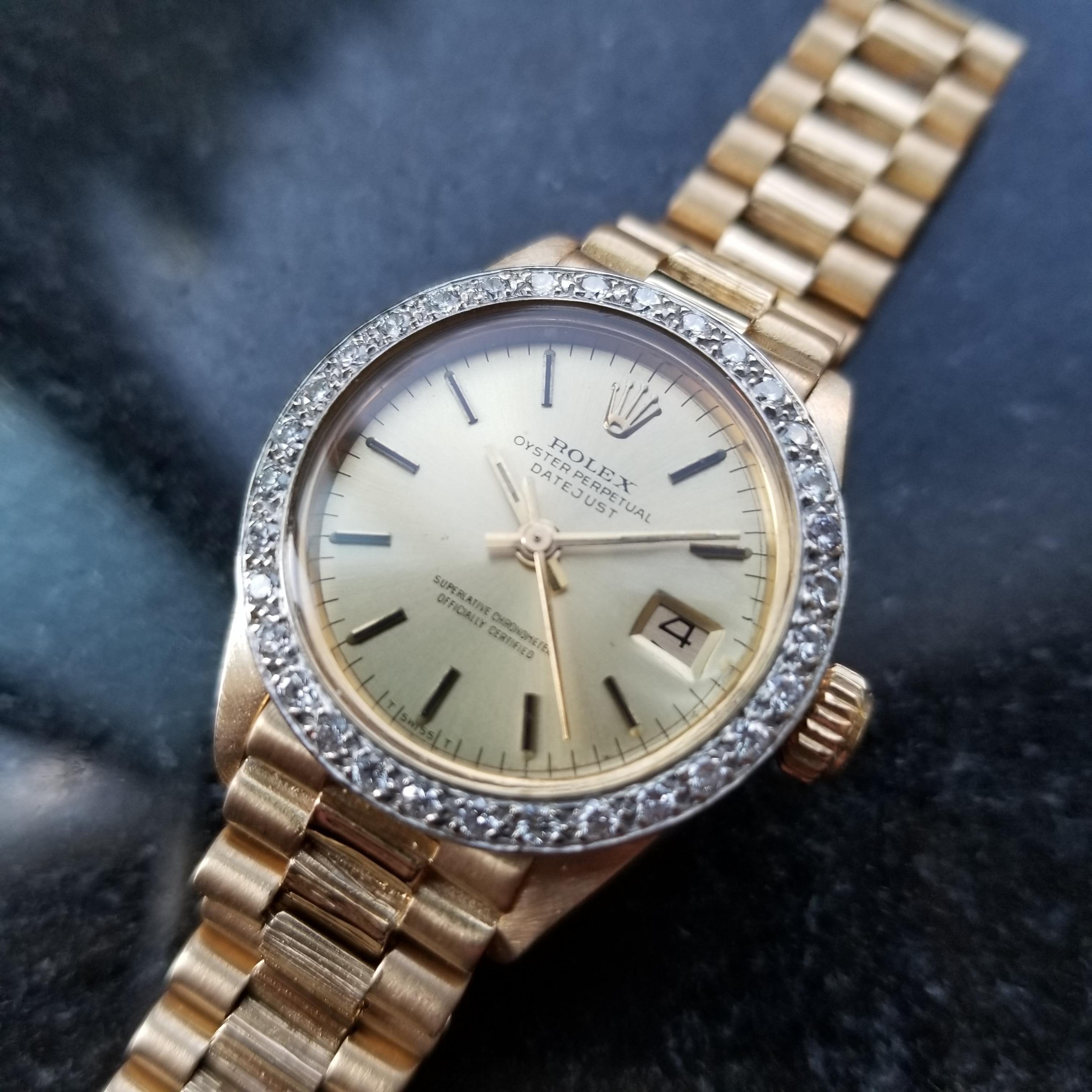 Luxurious elegance, 18k solid gold Rolex Oyster Perpetual Lady Datejust with diamond setting, c.1975, on original 18k gold bracelet. Verified authentic by a master watchmaker. Gorgeous gold Rolex signed dial, applied indice hour markers, gilt minute