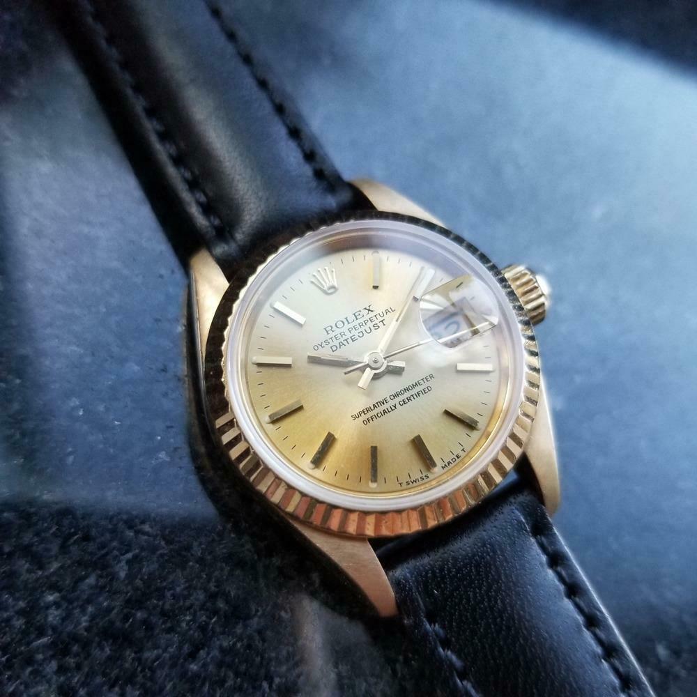 Luxurious classic, 18k solid gold Rolex Ladies President Datejust 69178 automatic, circa 1990. Verified authentic by a master watchmaker. Gorgeous Rolex champagne dial, applied gold baton hour markers, gold minute and hour hands, sweeping central