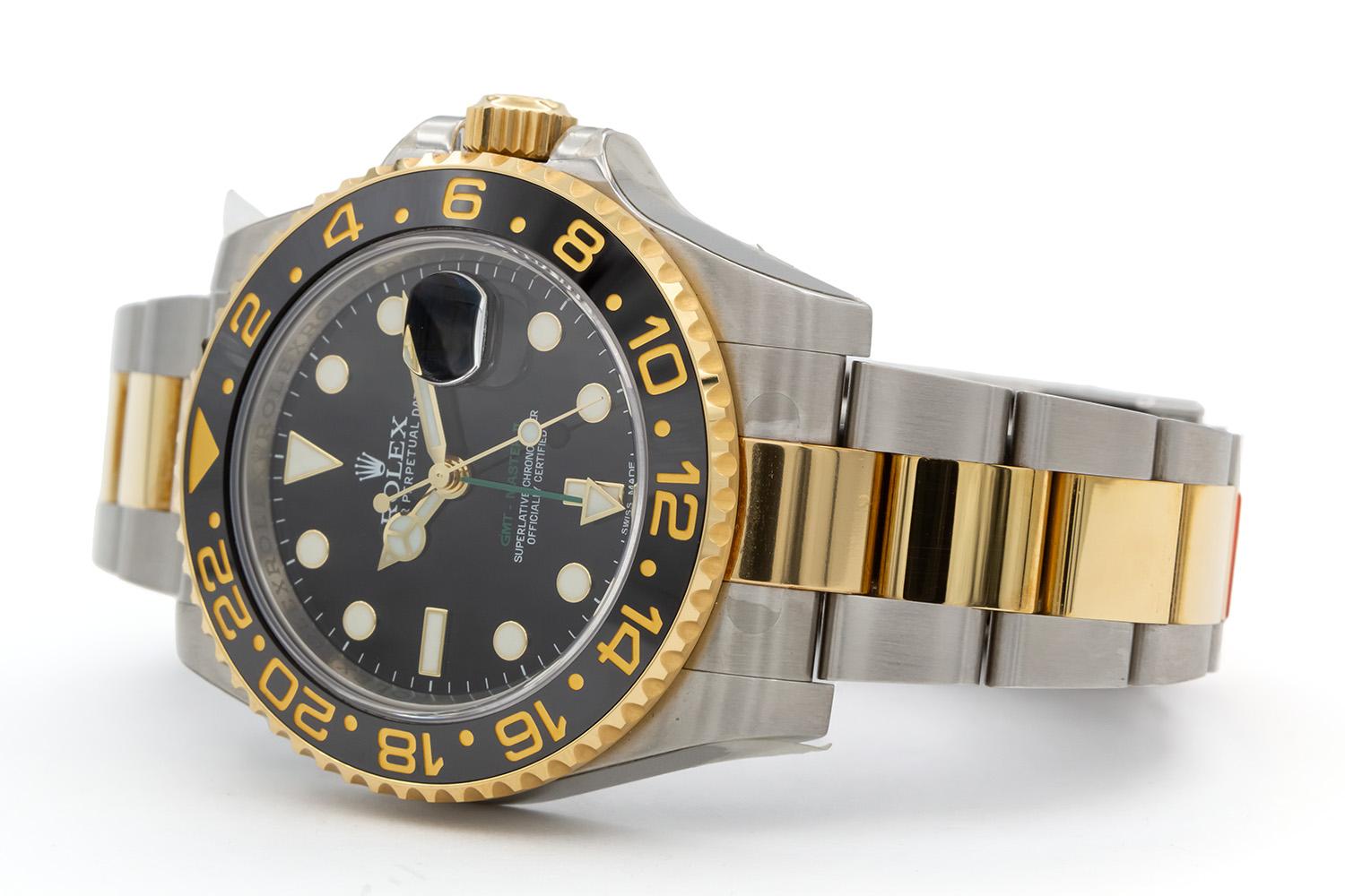 Contemporary Rolex 18k Gold & Stainless Steel Ceramic GMT Master II 116713 With Original Stic