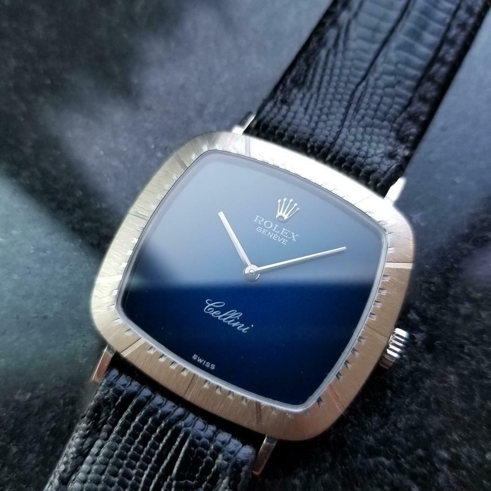 Luxurious elegance, men's midsize 18k white gold Rolex Cellini 4084 hand-wind, c.1976. Verified authentic by a master watchmaker. Stunning blue Rolex dial, clean non-hour marks, minute and hour hands, Rolex crown at the 12, hands and dial in