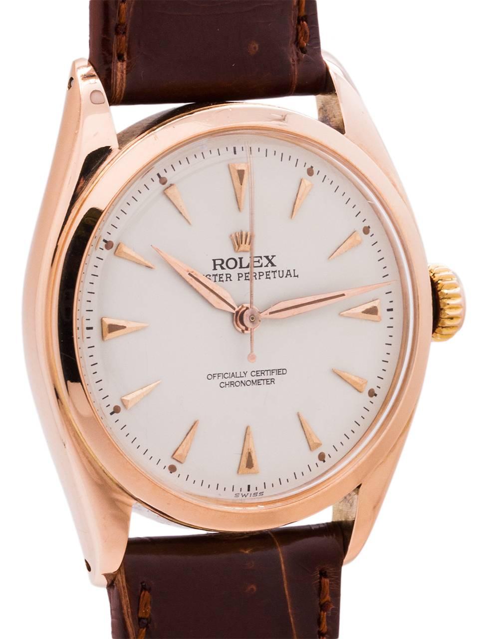 Rolex Rose Gold Oyster Perpetual self winding wristwatch ref 6084, circa 1952 In Excellent Condition For Sale In West Hollywood, CA