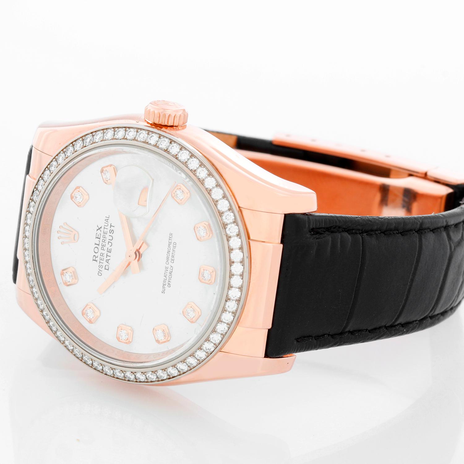 Rolex Rose Gold Datejust Mother of Pearl Watch 116185 - Automatic winding, 31 jewels, sapphire crystal. 18k rose gold case with 60-diamond bezel. Factory mother of pearl diamond dial. Leather strap band with 18k rose gold deployant clasp. Pre-owned