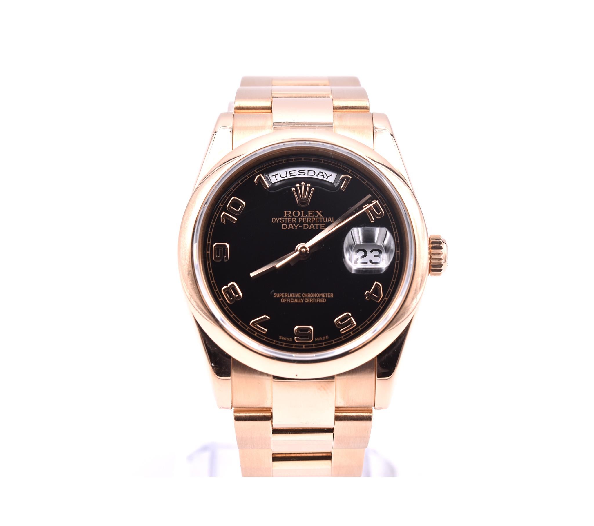 Movement: automatic
Function: hours, minutes, seconds, day, date
Case: 18k rose gold 36mm round case, smooth 18k rose gold bezel, rose gold screw down crown, sapphire protective crystal,
Band: 18k rose gold presidential bracelet with folding