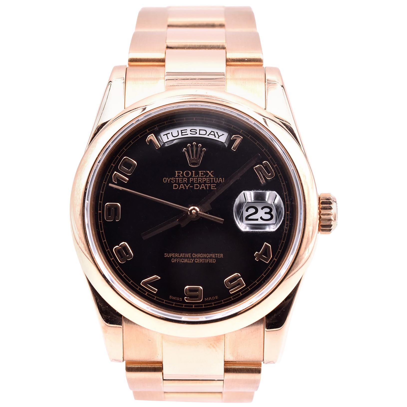 Rolex 18 Karat Rose Gold Day-Date Black Arabic Dial Watch Ref. 118205