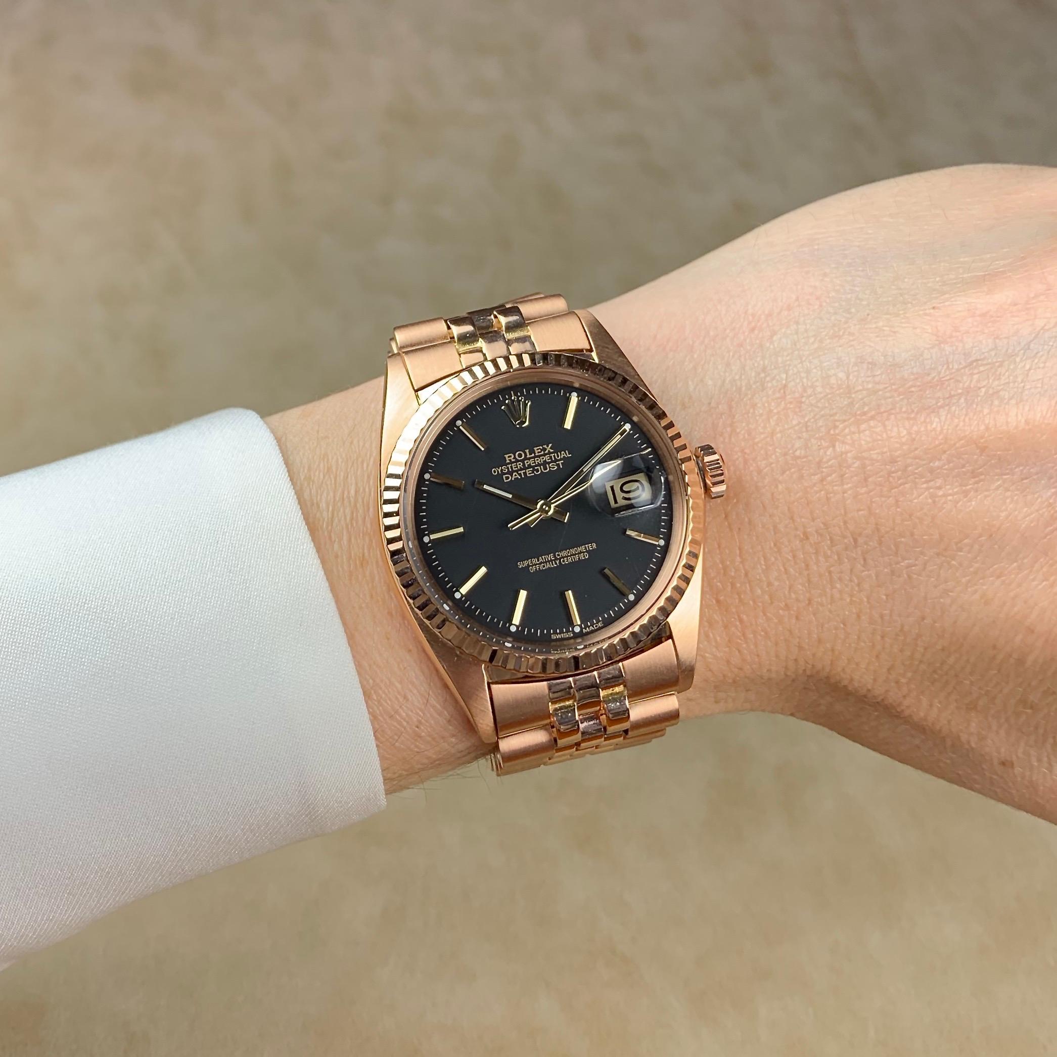 Women's or Men's Rolex 18 Karat Rose Gold Oyster Perpetual Datejust Watch with Black Dial, 1970s For Sale