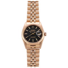 Vintage Rolex 18 Karat Rose Gold Oyster Perpetual Datejust Watch with Black Dial, 1970s