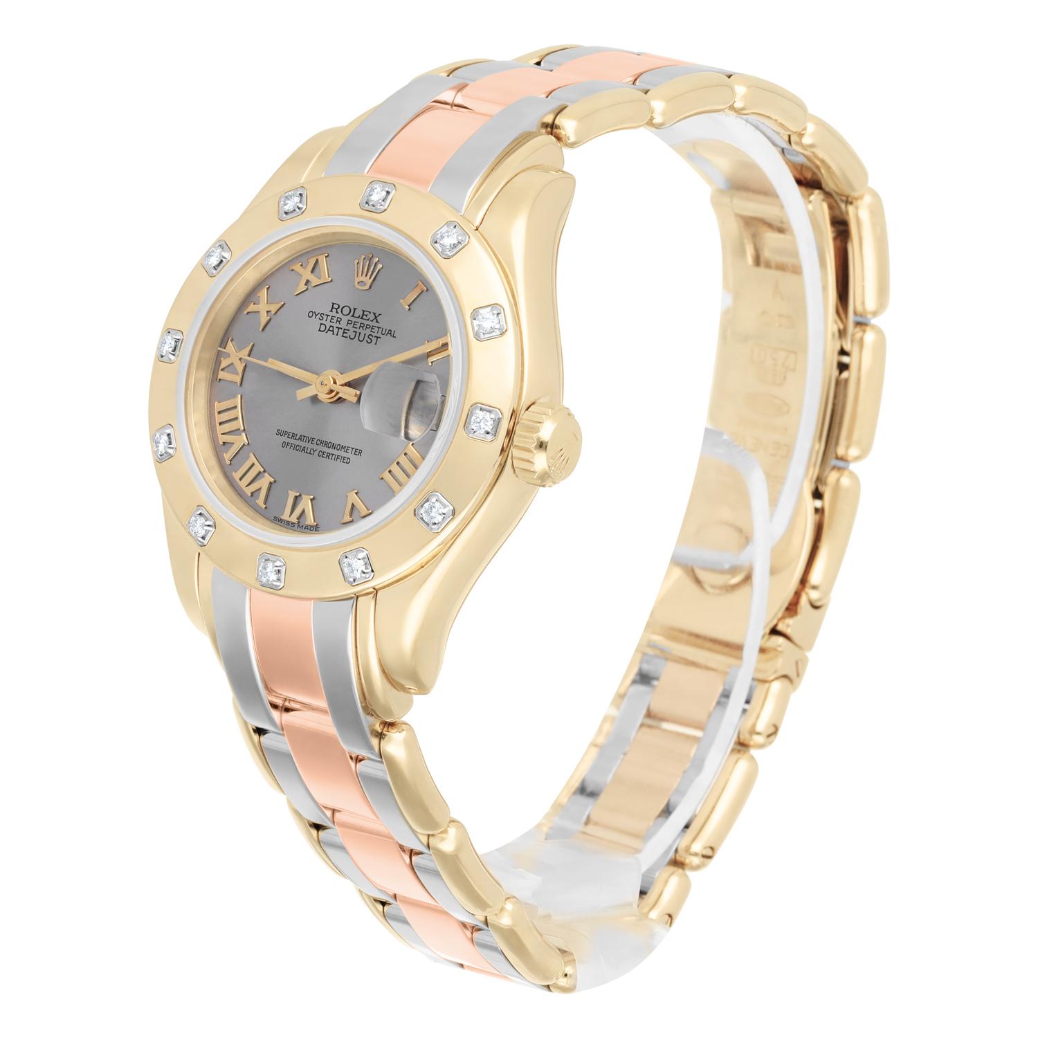 Modern Rolex 18K Rose/Yellow/White Gold 29mm Tridor Masterpiece Ladies Box Papers For Sale
