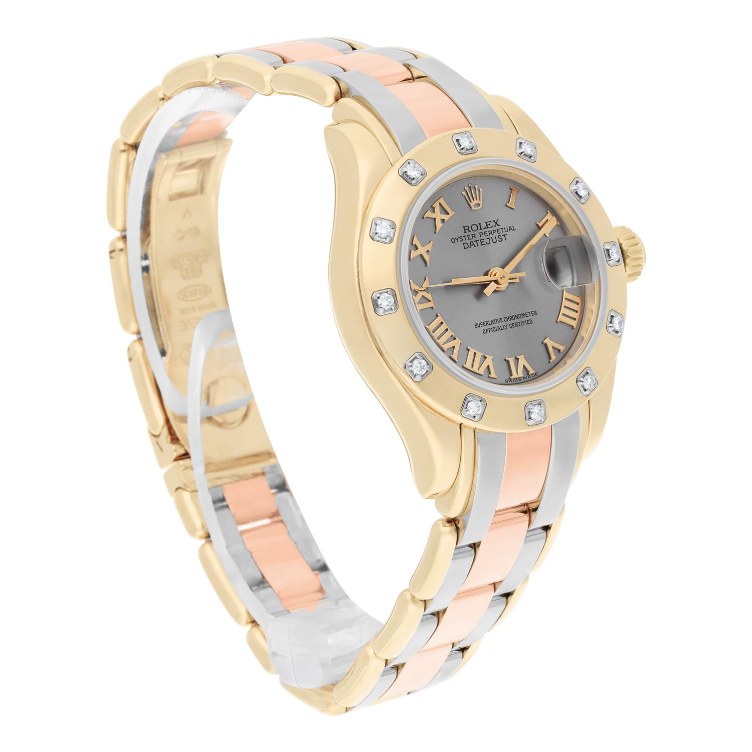 Modern Rolex 18K Rose/Yellow/White Gold 29mm Tridor Masterpiece Ladies Box Papers For Sale