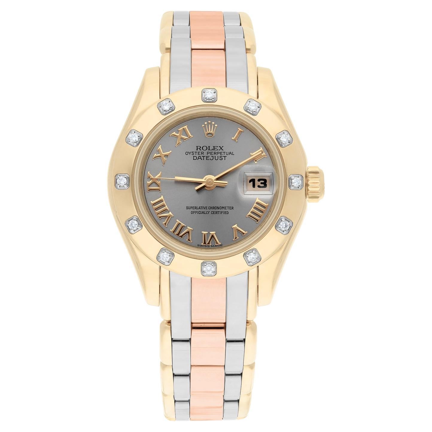 This exquisite Rolex Tridor Masterpiece ladies watch is a true statement piece. Crafted from 18K rose, yellow, and white gold, it exudes luxury and sophistication. The round case measures 29mm in diameter with a case thickness of 10.5mm, and