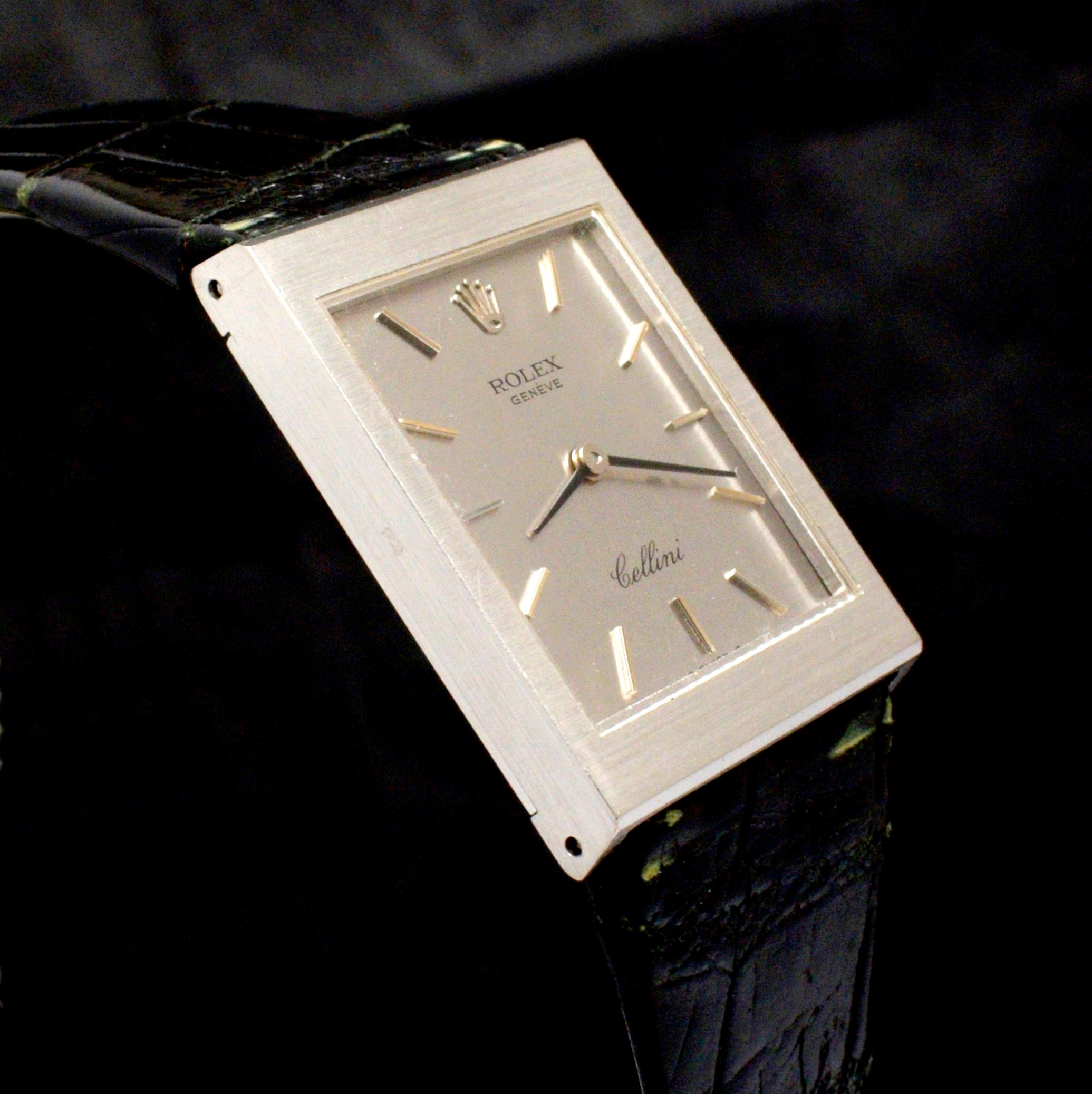 Rolex 18K WG Rectangular Cellini 4014 Sliver Dial 1974 In Good Condition In Central & Western District, HK
