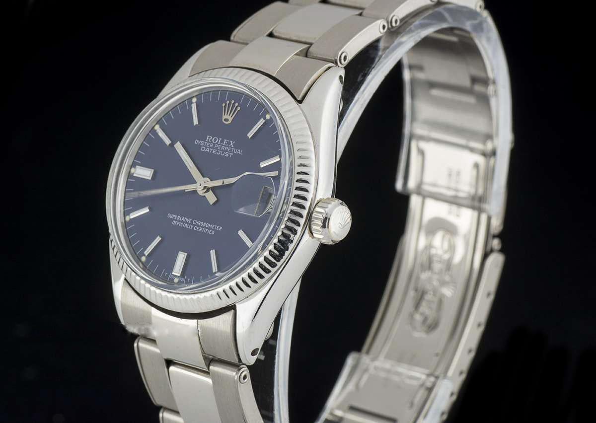 An 18k White Gold Oyster Perpetual 30mm Datejust Vintage Mid-Size Wristwatch, blue dial with applied index batons, date at 3 0'clock, an 18k white gold fixed fluted bezel, a brushed and polished 18k white gold riveted oyster bracelet with a brushed