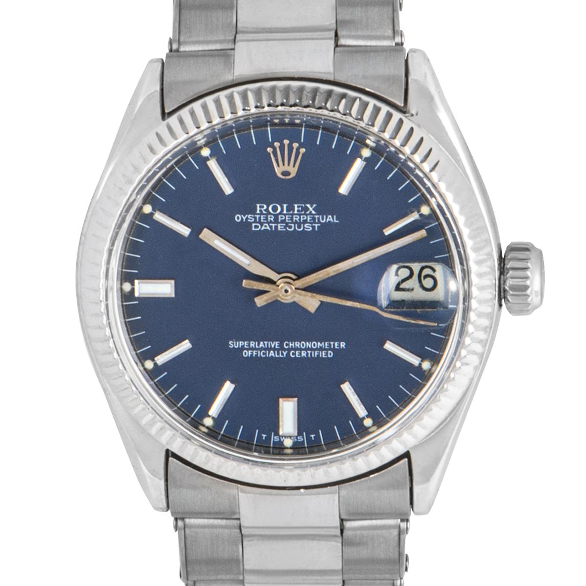 An 18k White Gold Oyster Perpetual 30mm Datejust Vintage Mid-Size Wristwatch, blue dial with applied index batons, date at 3 0'clock, an 18k white gold fixed fluted bezel, a brushed and polished 18k white gold riveted oyster bracelet with a brushed