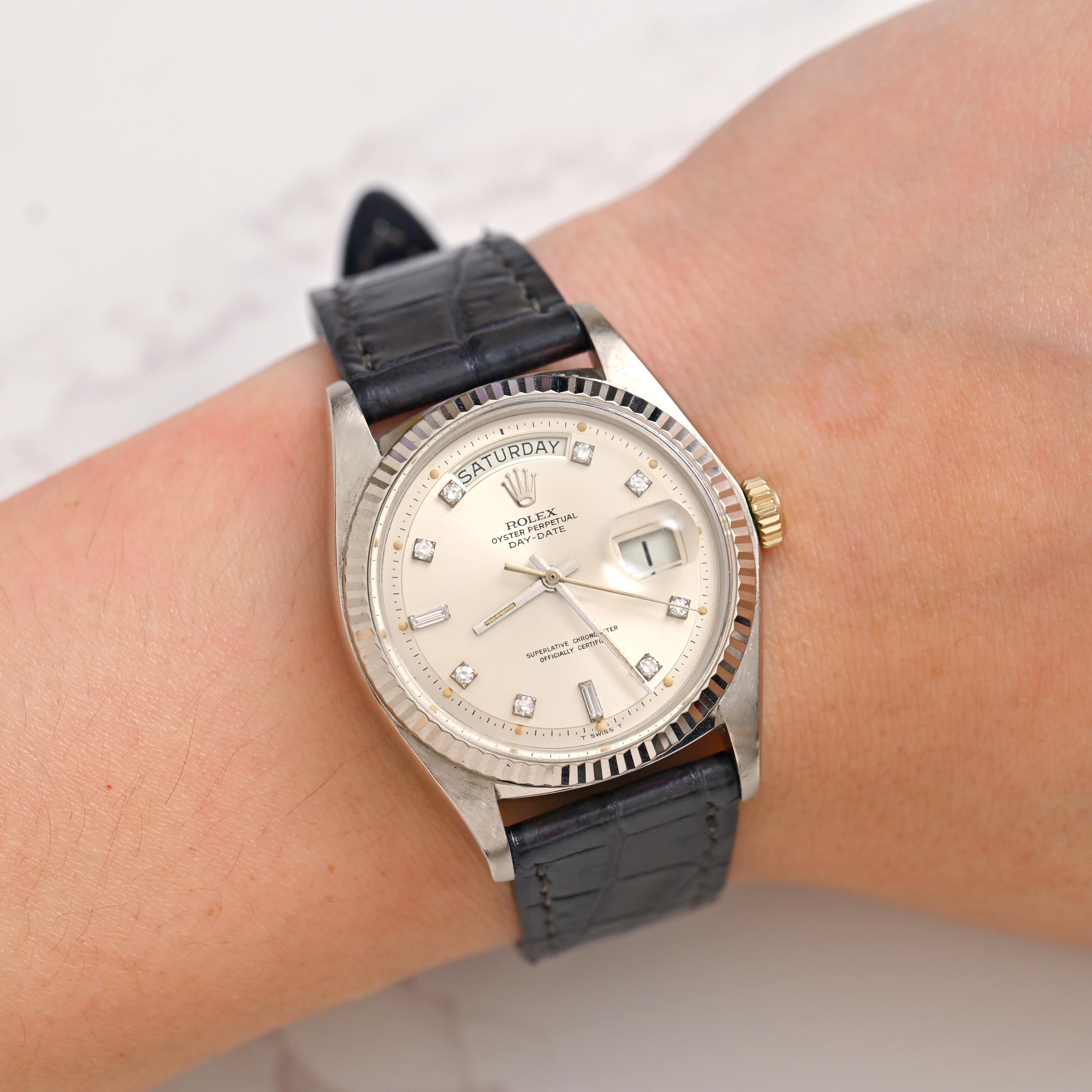 Rolex 18K Weißgold Day-Date Silbernes Zifferblatt mit Diamantindexen Ref. 1803 im Angebot 7