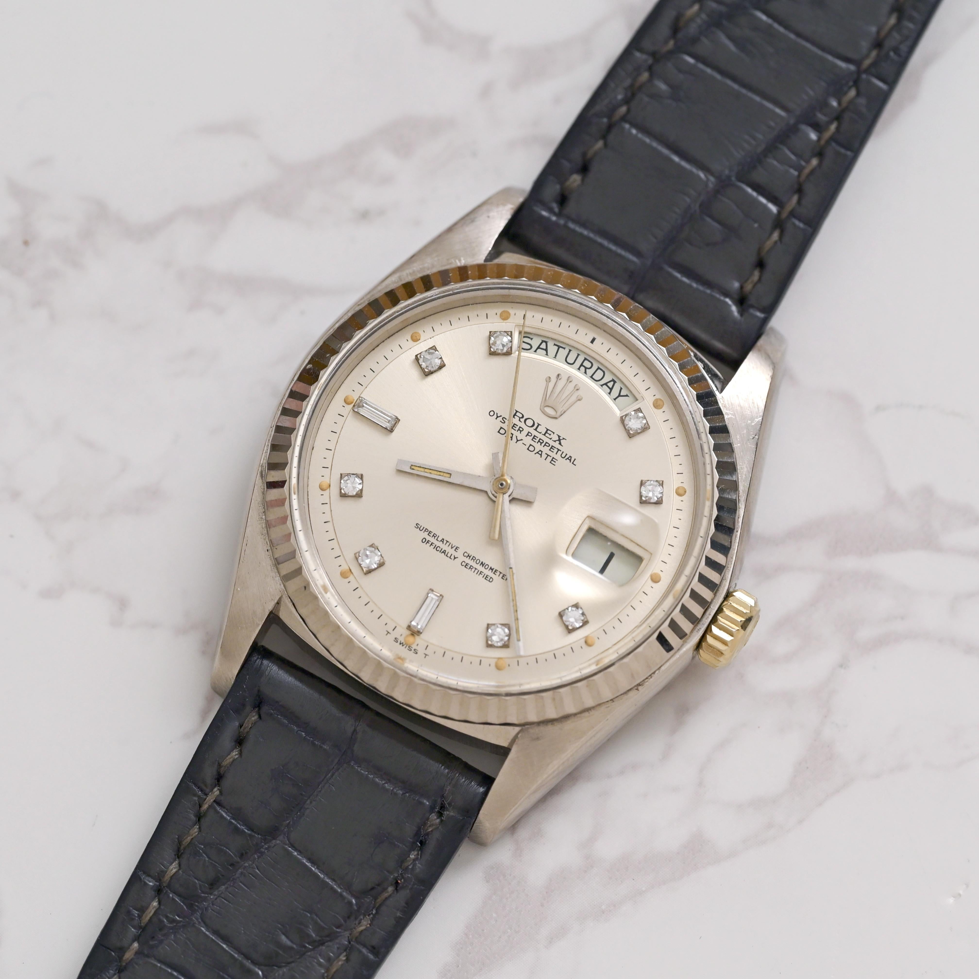 Rolex 18K Weißgold Day-Date Silbernes Zifferblatt mit Diamantindexen Ref. 1803 im Angebot 2