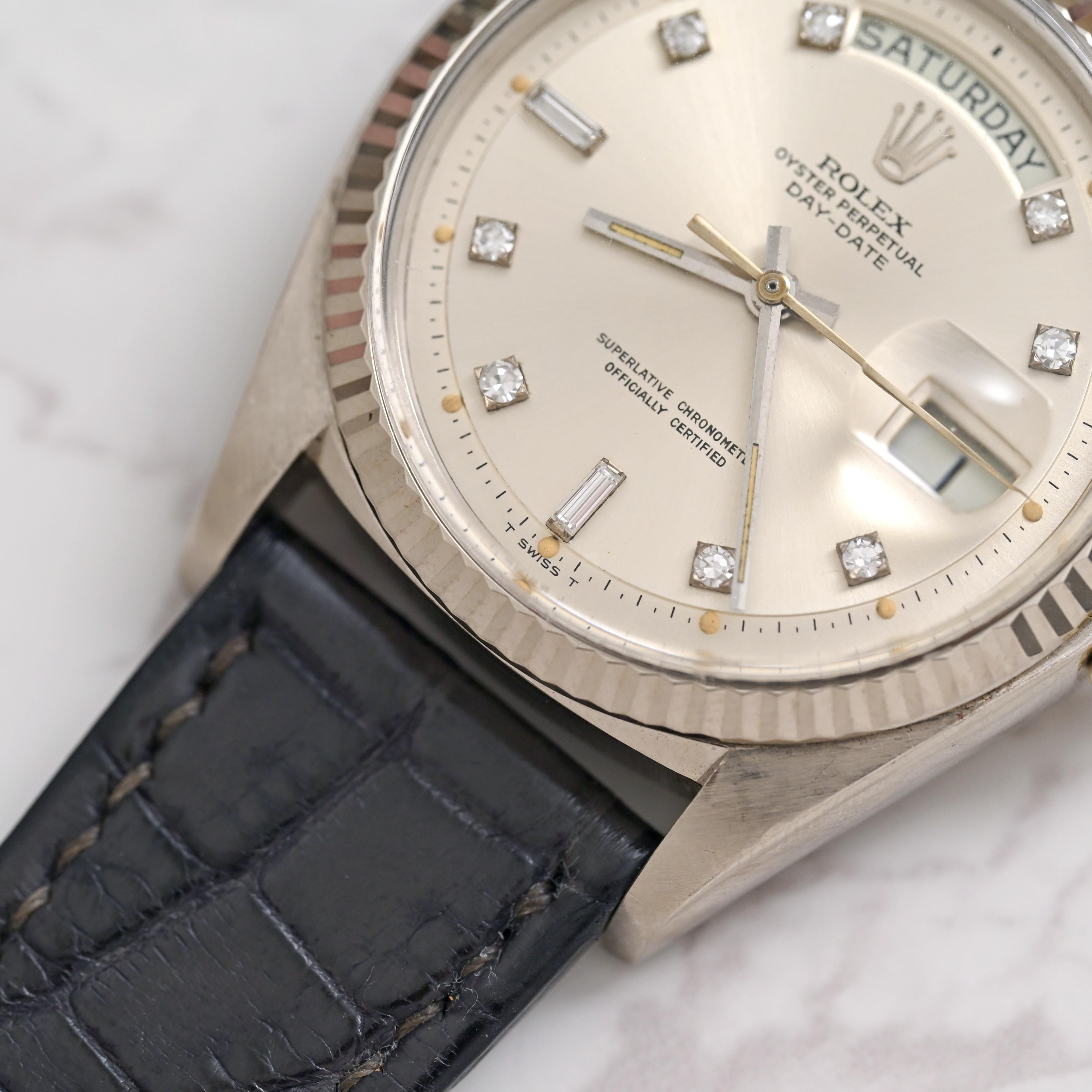 Rolex 18K Weißgold Day-Date Silbernes Zifferblatt mit Diamantindexen Ref. 1803 im Angebot 3