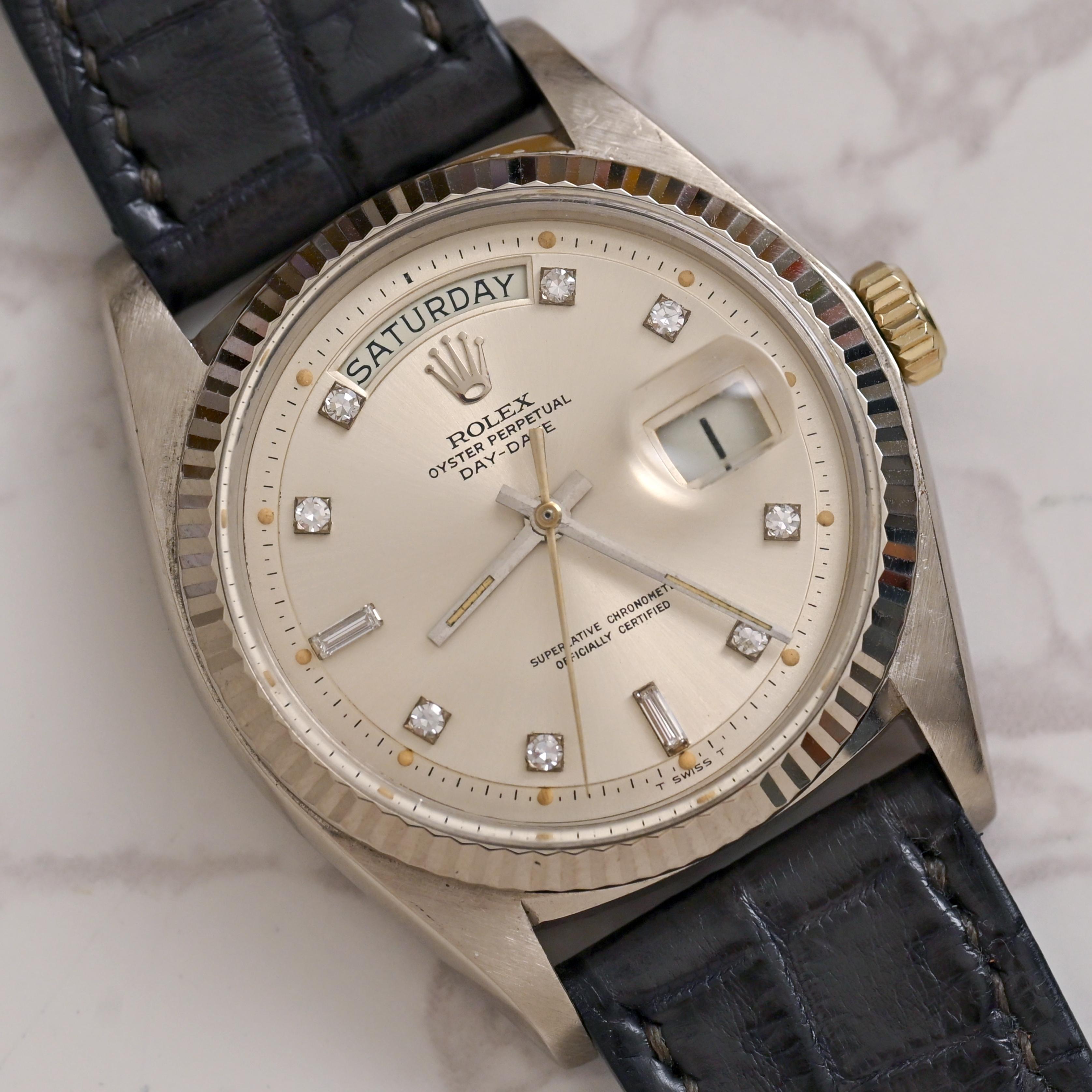 Rolex 18K Weißgold Day-Date Silbernes Zifferblatt mit Diamantindexen Ref. 1803 im Angebot 4