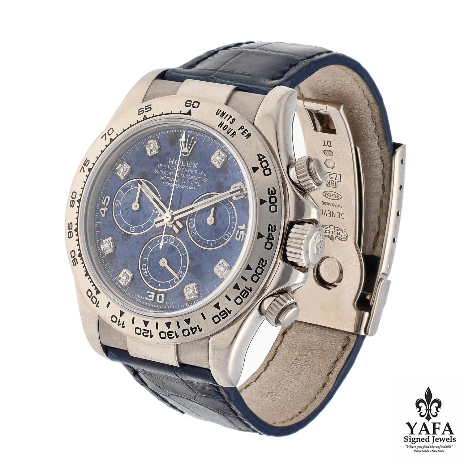 Basic Information﻿
- Brand: Rolex
- Model: Daytona Cosmograph
- Reference number: 116519
- Movement: Automatic
Complications - Cosmograph
- Case Size: 40mm
- Dial: Rare Sodalite Factory Dial, Diamond Markers
- Case Material: 18K White Gold
-