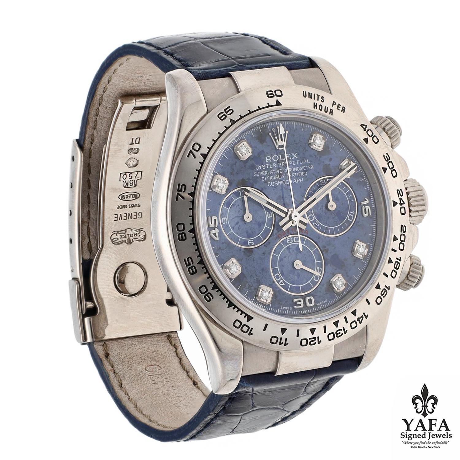 Rolex 18K White Gold Daytona Cosmograph, Sodalite Dial In Excellent Condition For Sale In New York, NY
