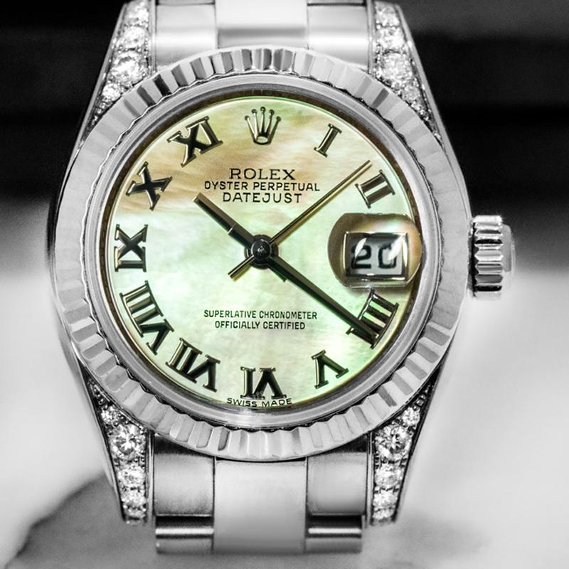 Reloj de pulsera de mujer Oyster Perpetual Datejust de oro blanco de 18 quilates, esfera de nácar con números romanos aplicados, fecha a las 3 en punto, bisel estriado fijo de oro blanco de 18 quilates, 6 diamantes brillantes redondos graduados