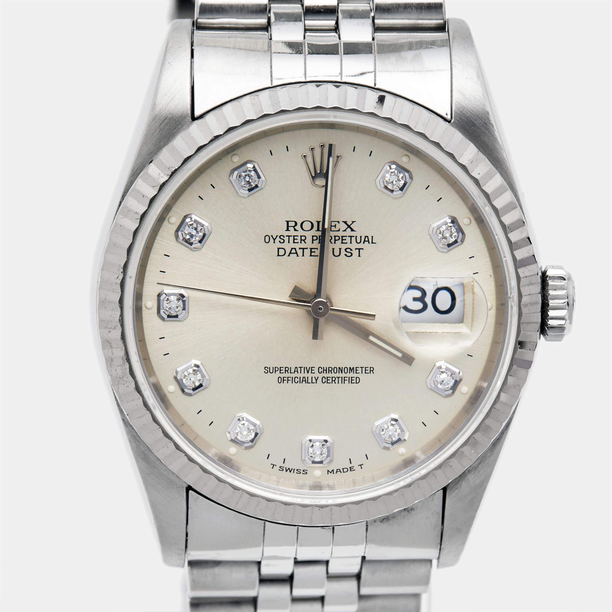 Rolex Or blanc 18K Acier inoxydable Diamant Datejust Montre-bracelet pour homme 36 mm en vente 1