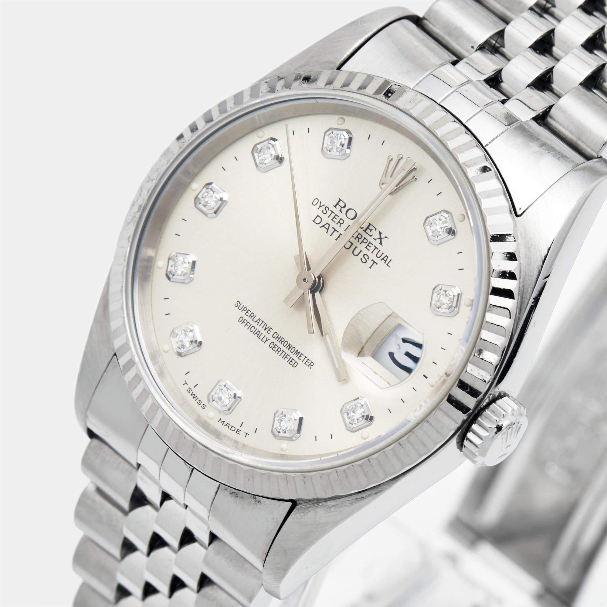 Rolex Or blanc 18K Acier inoxydable Diamant Datejust Montre-bracelet pour homme 36 mm en vente 2