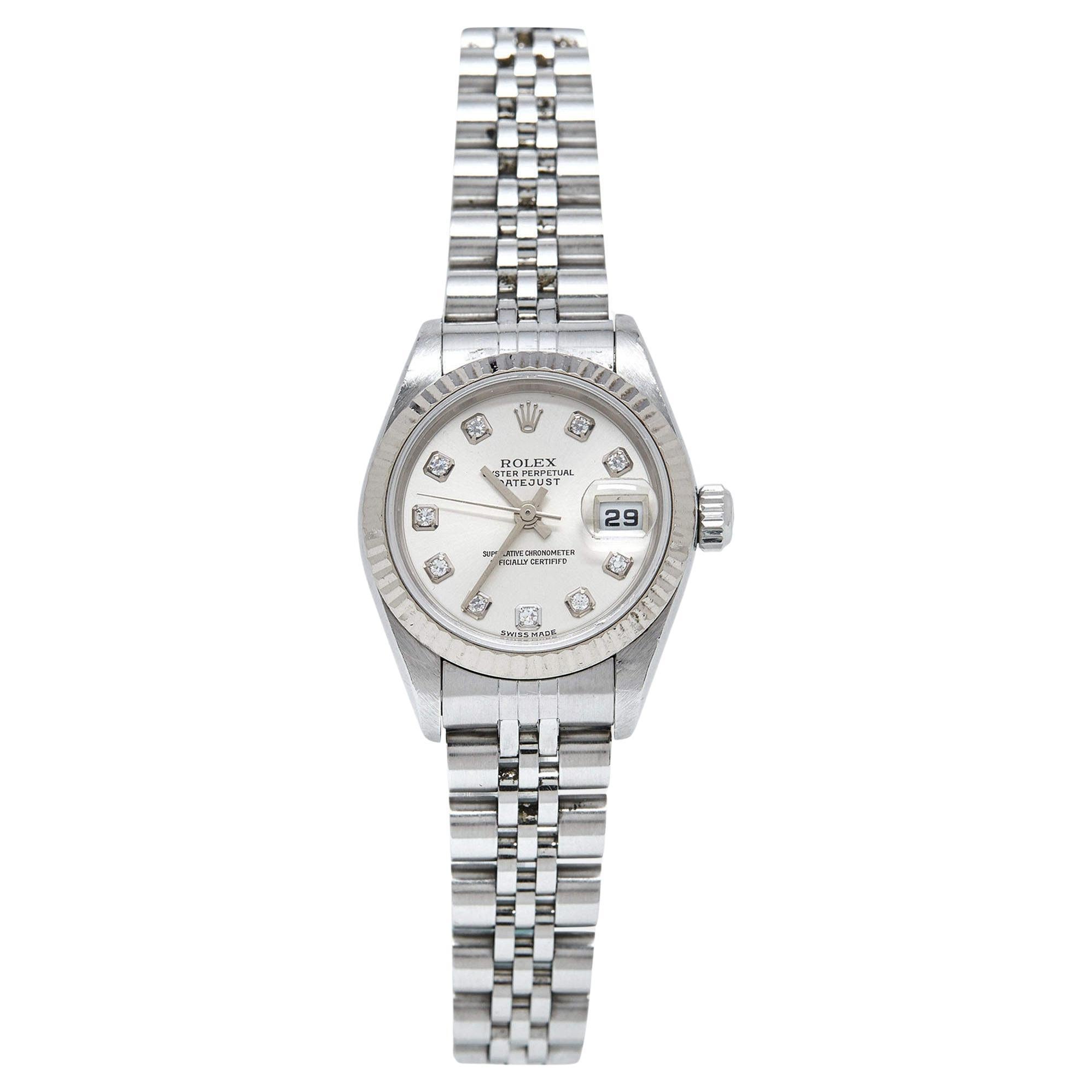 Rolex 18K White Gold Stainless Steel Diamond Datejust Women's Wristwatch 26 mm