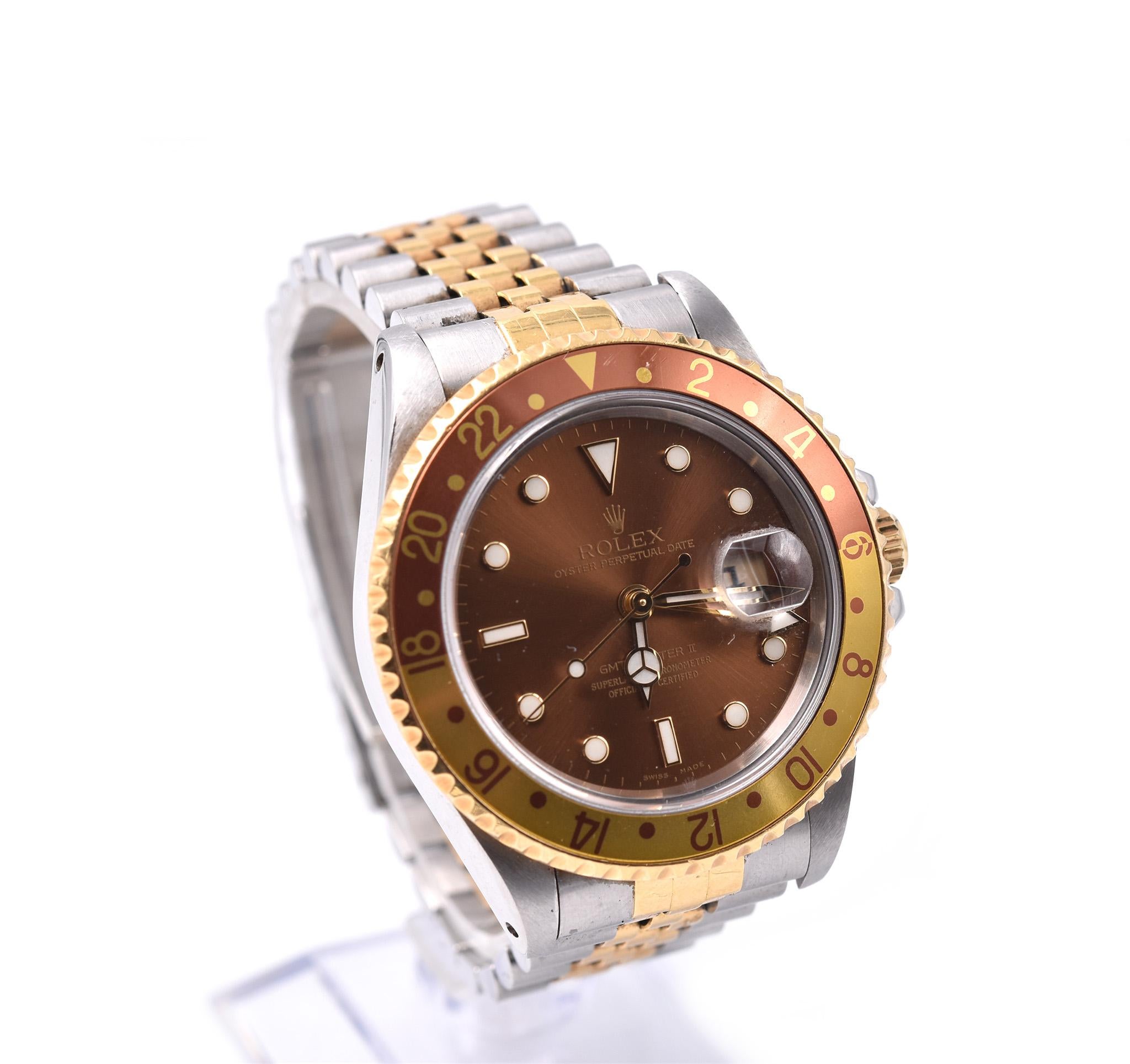 Movement: automatic
Function: hours, minutes, seconds, GMT time, date
Case: 40mm 18k yellow gold and stainless steel, sapphire glass, screw-down crown, 24 hour “Root Beer” bezel
Band: 18k yellow gold and stainless steel jubilee bracelet, stainless