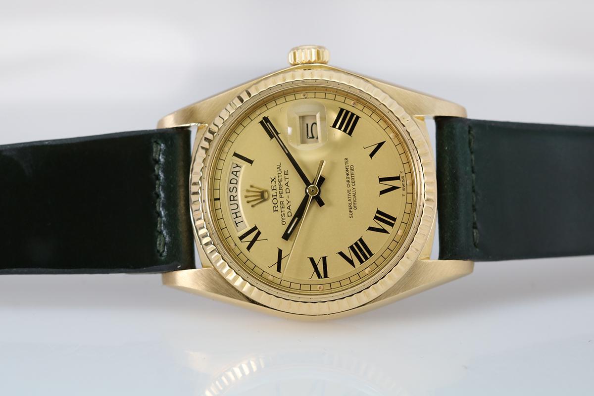 Rolex 18 Karat Gold Buckley Dial Day-Date Ref. 1803 Men's Wristwatch, circa 1974 1