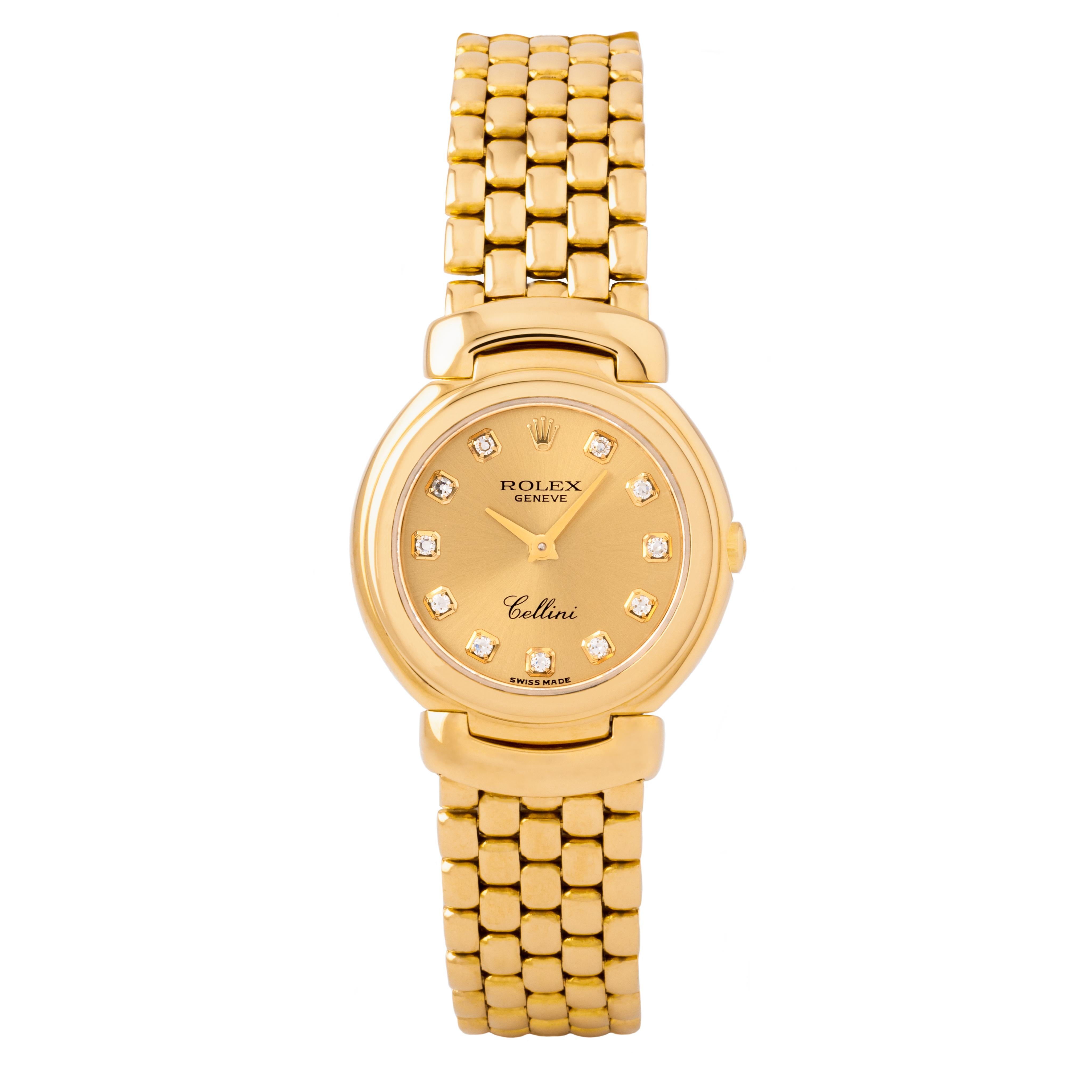 Rolex 18k Yellow Gold Cellini Model 6621 26mm Champagne Dial and Diamond Markers, Quartz Movement 
c.1993 
Made in Switzerland

Stephanie Windsor guarantees the proper functioning of this watch mechanism for ONE year from the purchase date. Our