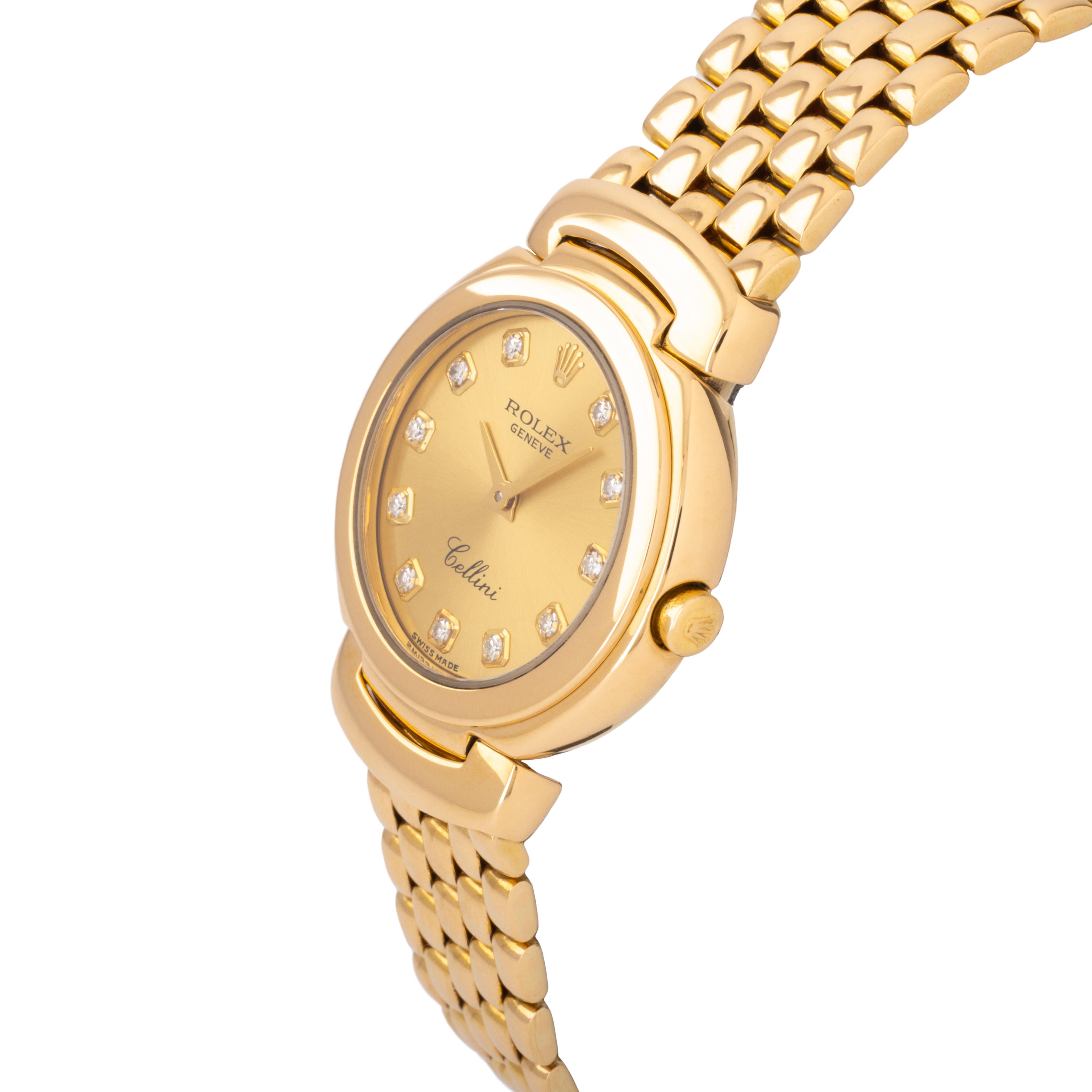 Modern Rolex 18k Yellow Gold Cellini Model 6621 26mm Champagne Dial and Diamond Markers