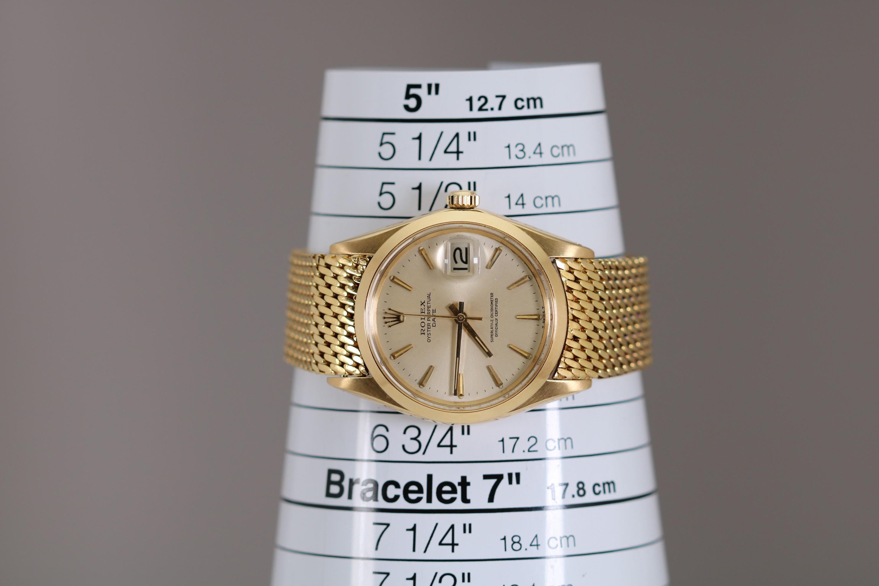 Rolex 18 Karat Yellow Gold Date Ref 1500 on Rolex Gold Mesh Bracelet, circa 1969 2