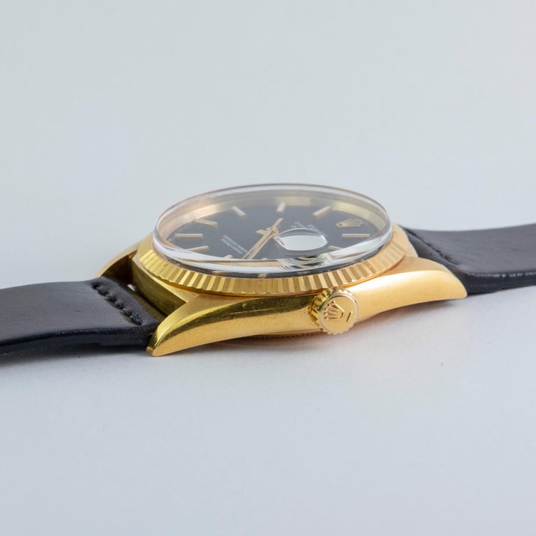 Rolex 18 Karat Yellow Gold Datejust with Black Dial Wristwatch, 1960s ...