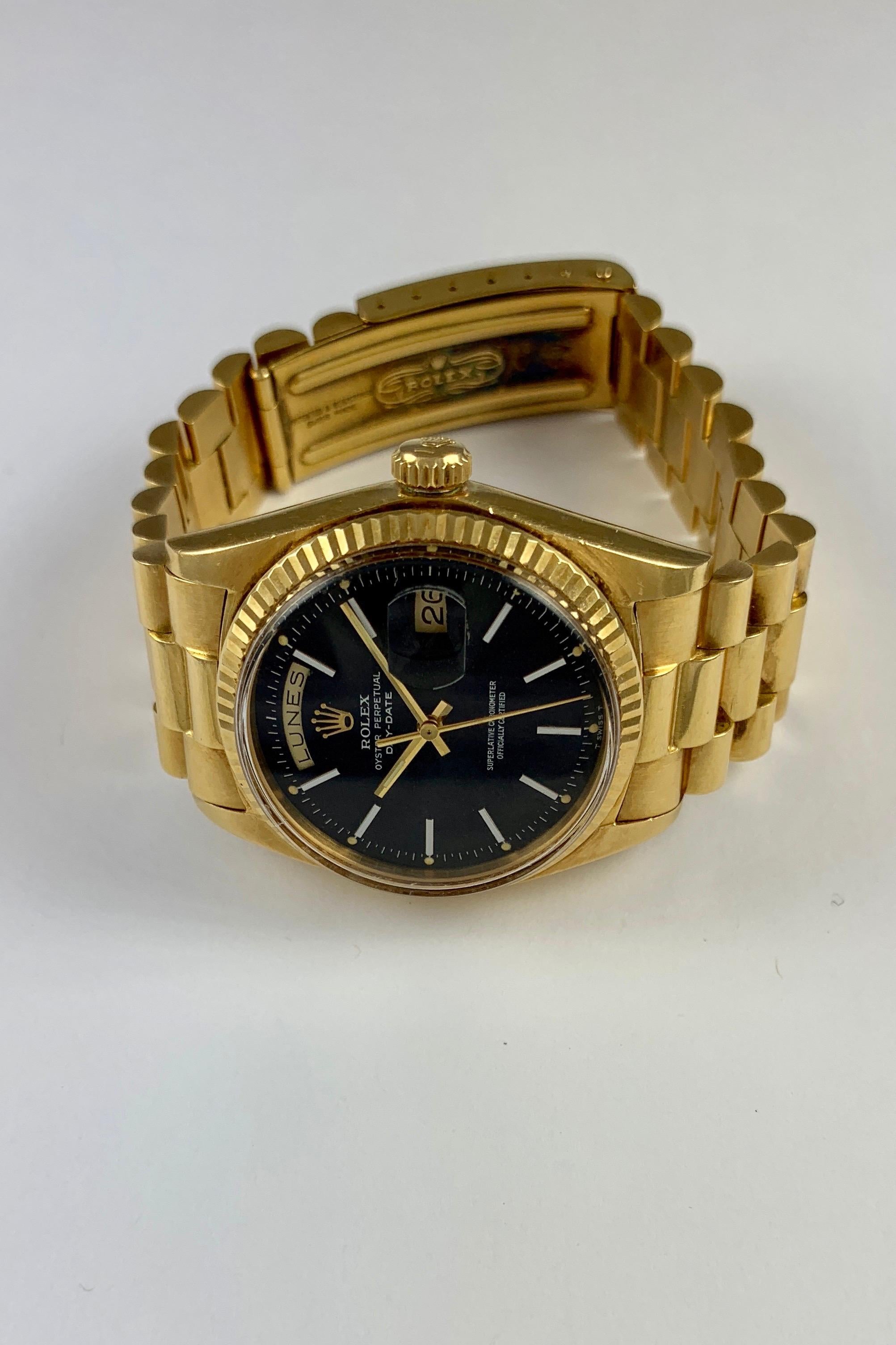 Rolex 18K Yellow Gold Day-Date President Black Confetti Dial Automatic Watch In Good Condition In New York, NY