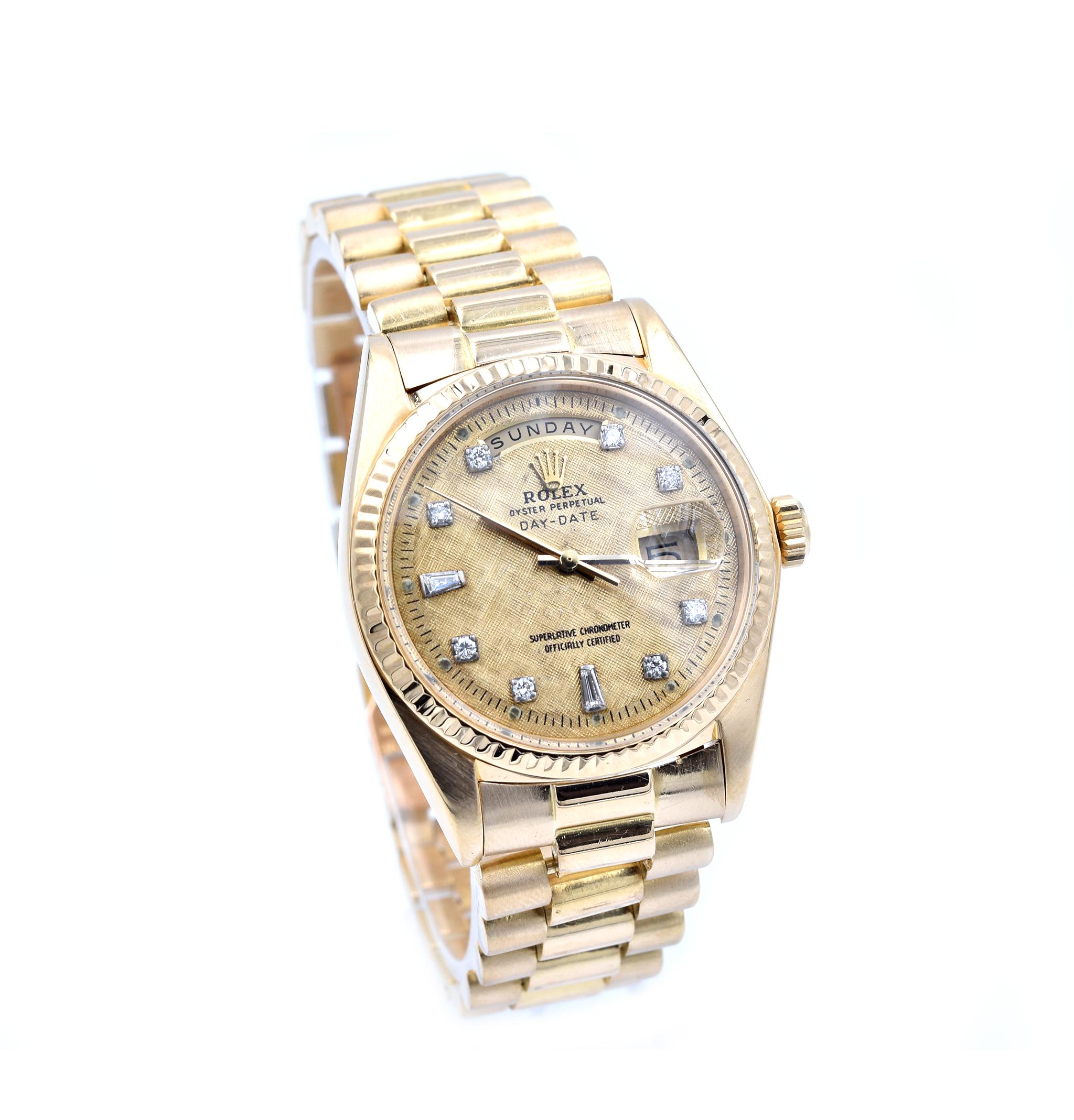 Movement: automatic
Function: hours, minutes, seconds, day, date
Case: 36mm 18k yellow gold case, fluted bezel, plastic crystal, screw down crown
Band: 18k yellow gold presidential bracelet with concealed Crownclasp, will fit up at a 7 1/2-inch