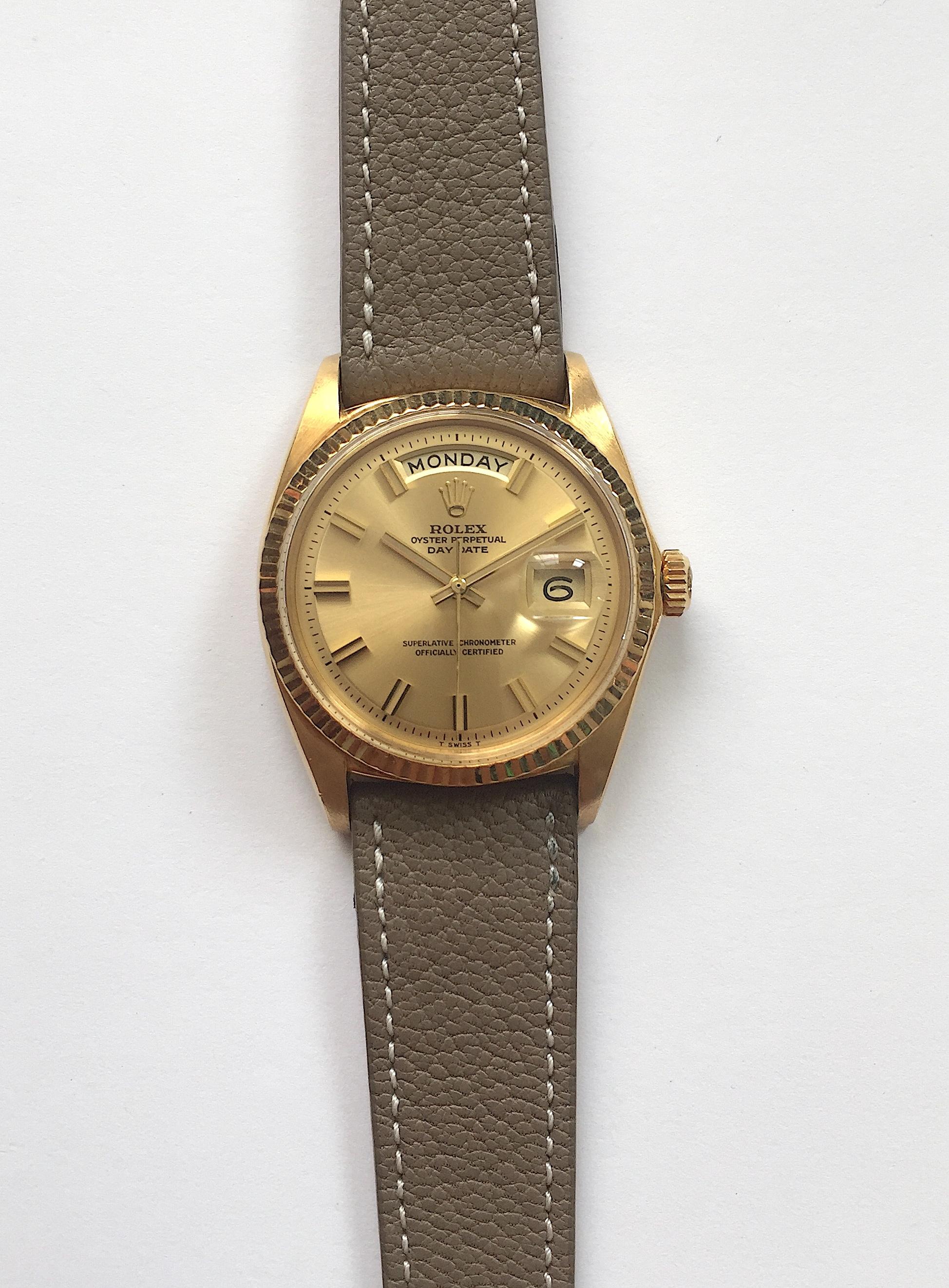 Rolex 18K Yellow Gold Day Date Wide Boy Dial Wristwatch, 1960s In Excellent Condition For Sale In New York, NY