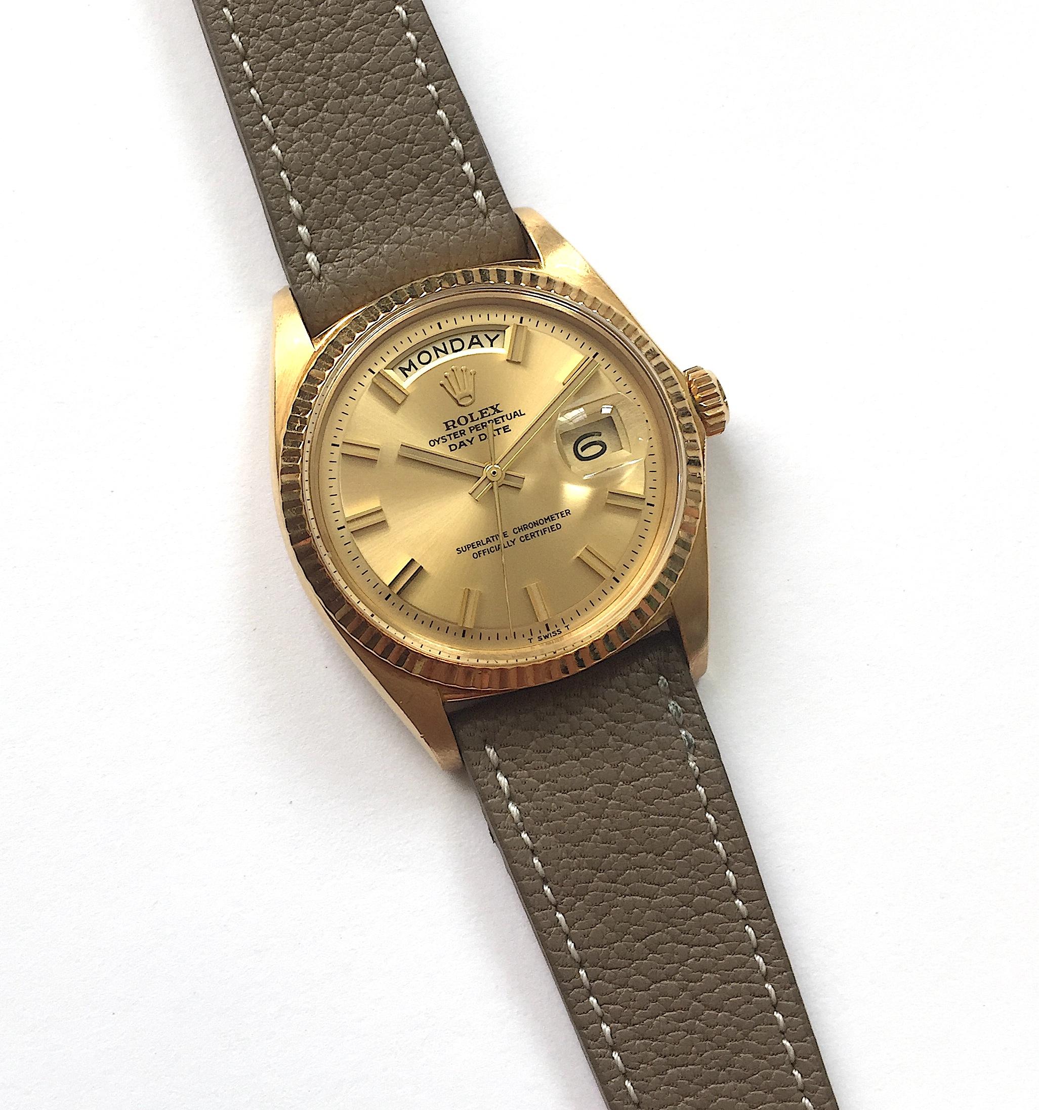 Women's or Men's Rolex 18K Yellow Gold Day Date Wide Boy Dial Wristwatch, 1960s For Sale