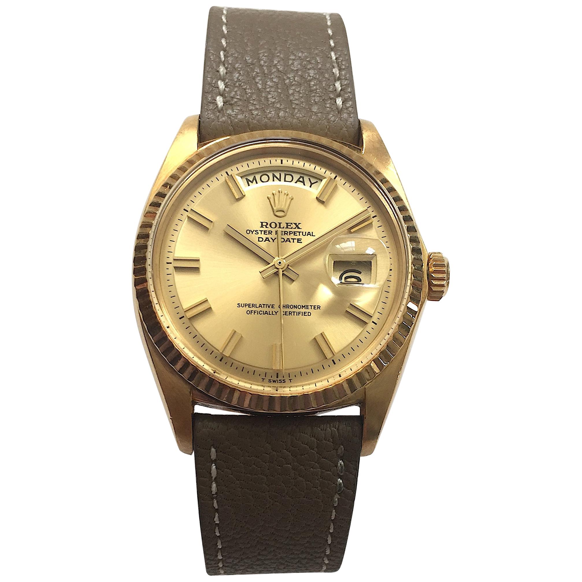 Rolex 18K Yellow Gold Day Date Wide Boy Dial Wristwatch, 1960s For Sale