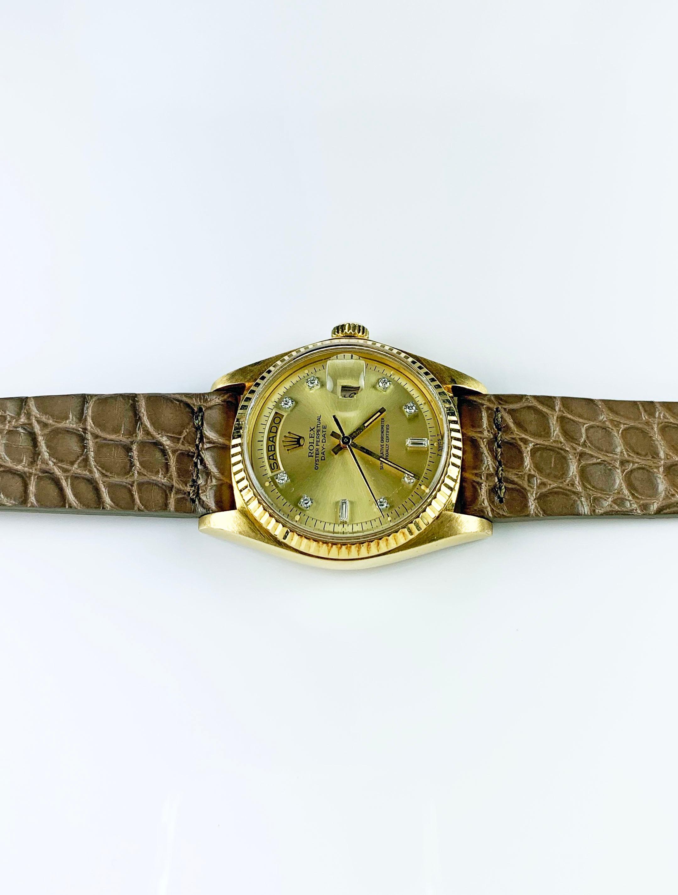 Rolex 18K Yellow Gold Diamond Dial Day-Date President Automatic Watch 1970s In Good Condition In New York, NY